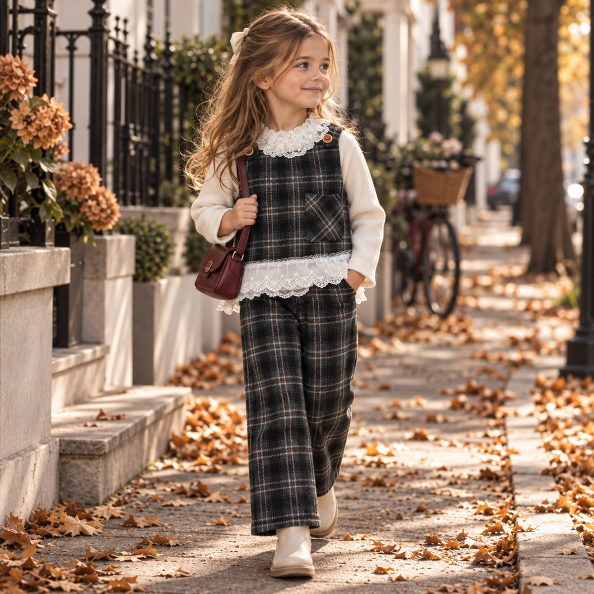 Girls 3PC black plaid vest shirt and trouser set lifestyle image