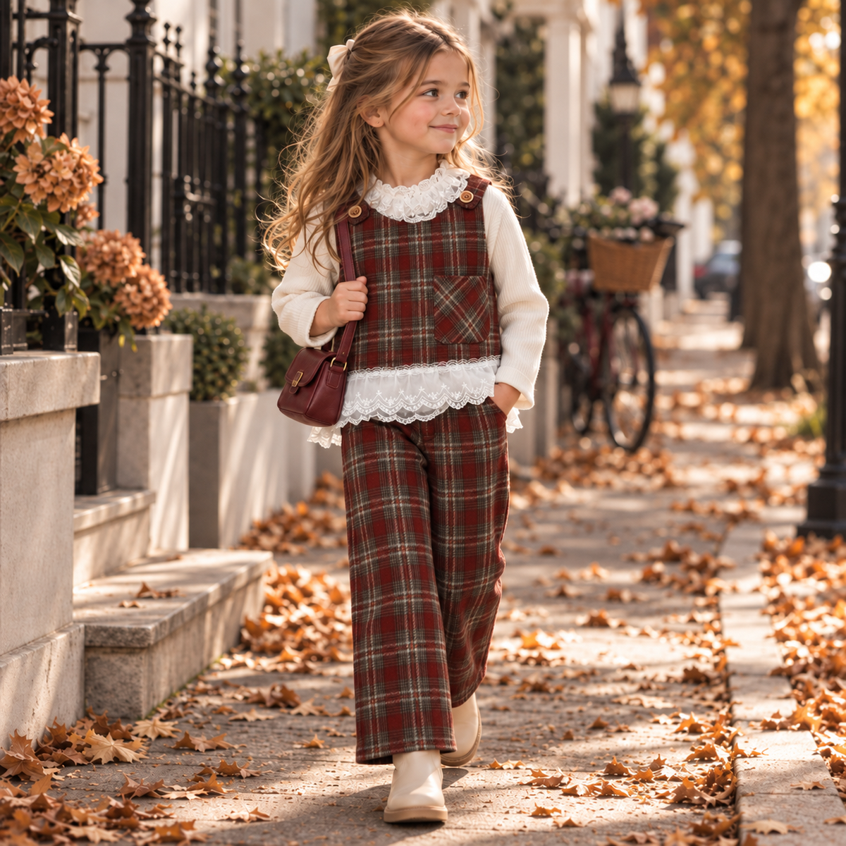 Girls 3PC red plaid vest shirt and trouser set lifestyle image