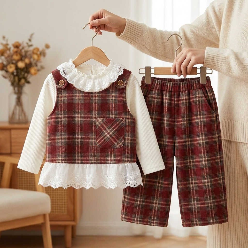 Girls 3PC red plaid vest shirt and trouser set product image
