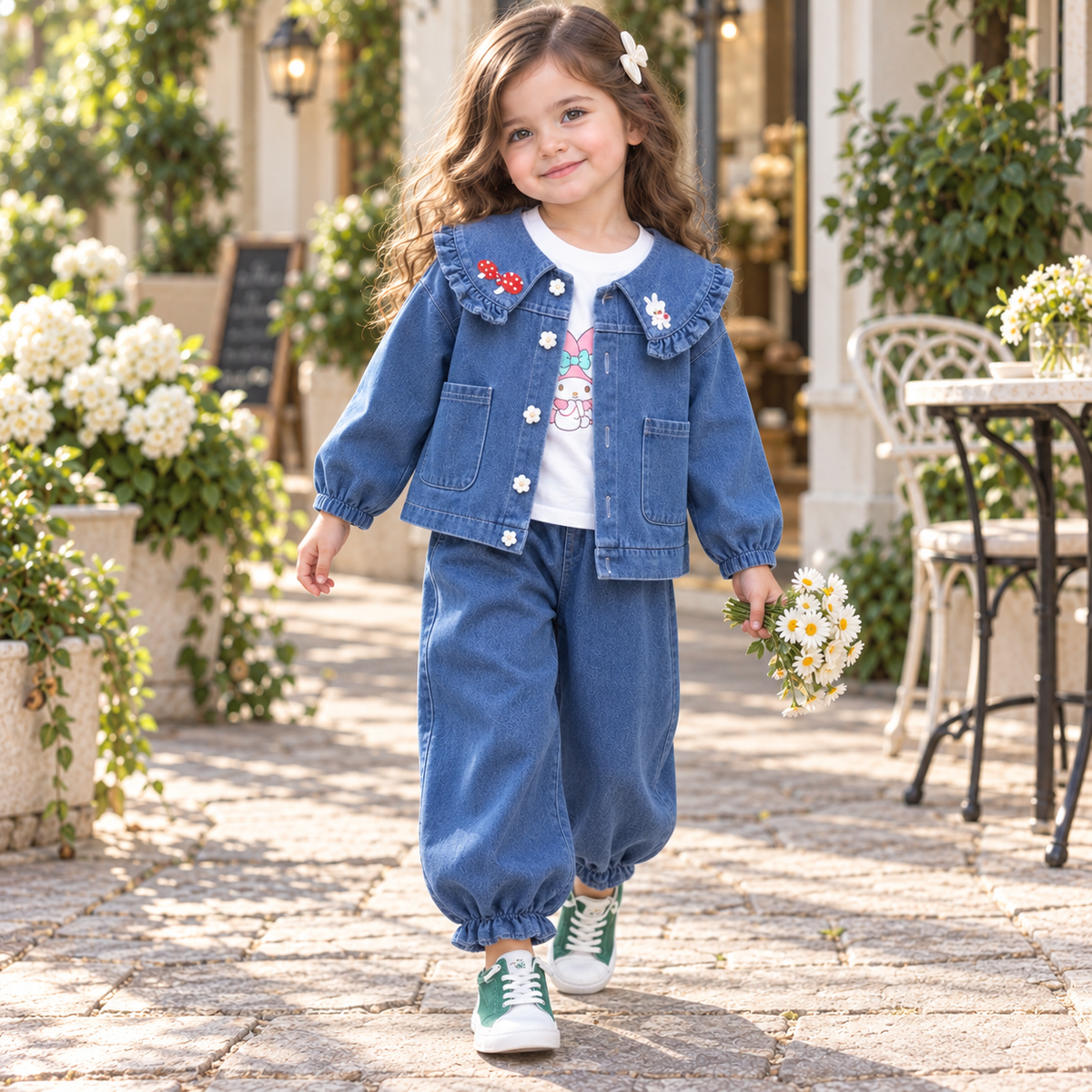 Girls 3PC ruffle denim jacket set dark blue lifestyle