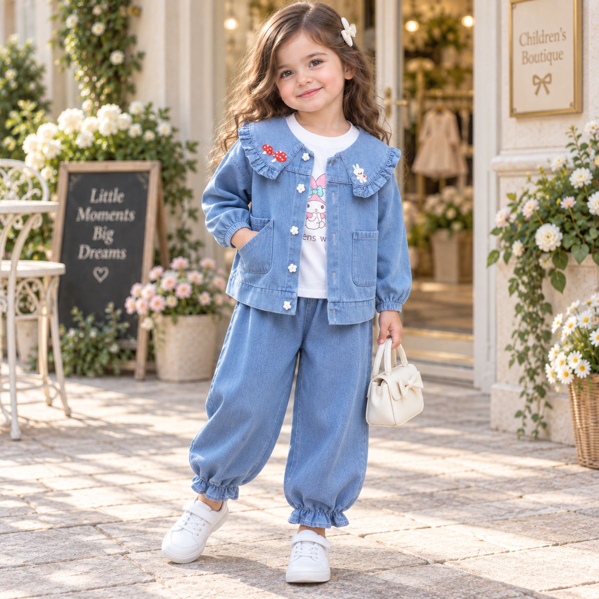 Girls 3PC ruffle denim jacket set light blue lifestyle