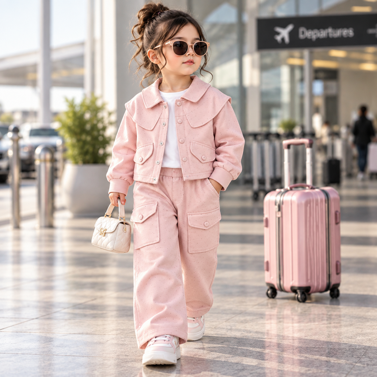 Girl wearing pink 3PC jacket shirt and trouser set