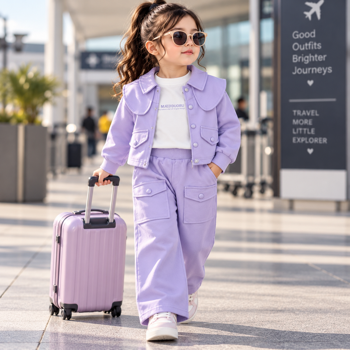 Girl wearing purple 3PC jacket shirt and trouser set