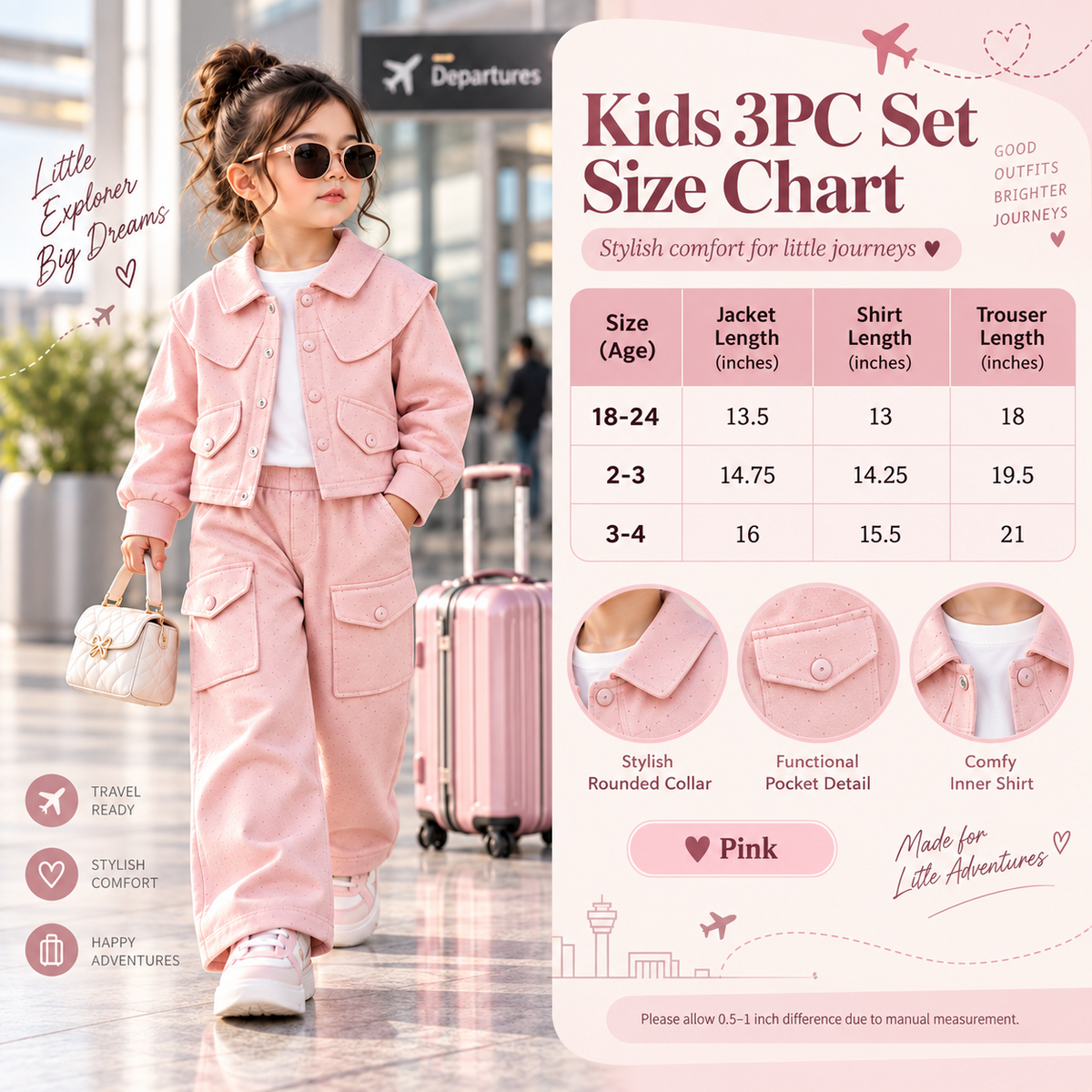 Girls 3PC jacket shirt and trouser set size chart 18-24 months to 3-4 years