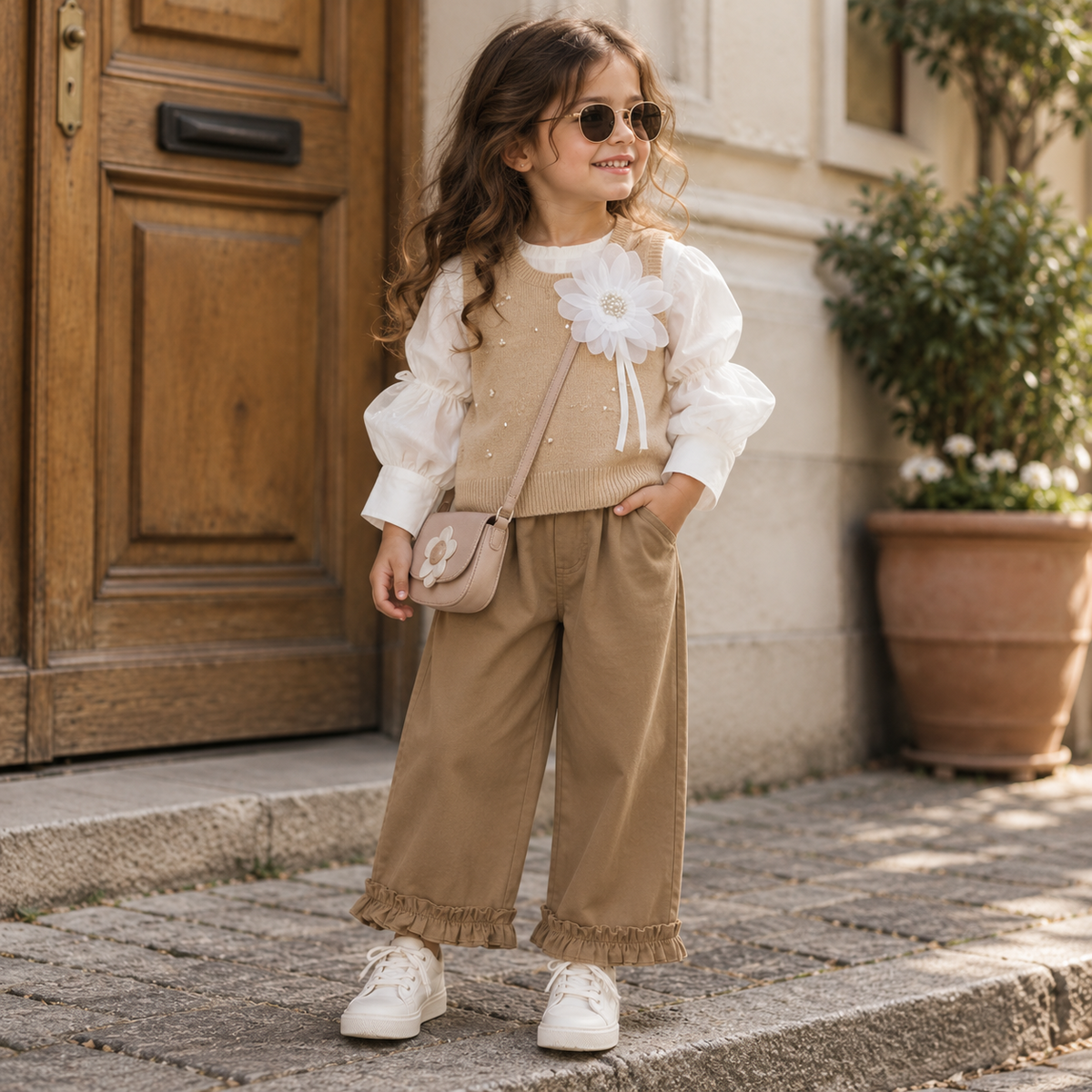 Girls 3PC sweater vest, white shirt and beige pants set - Beige