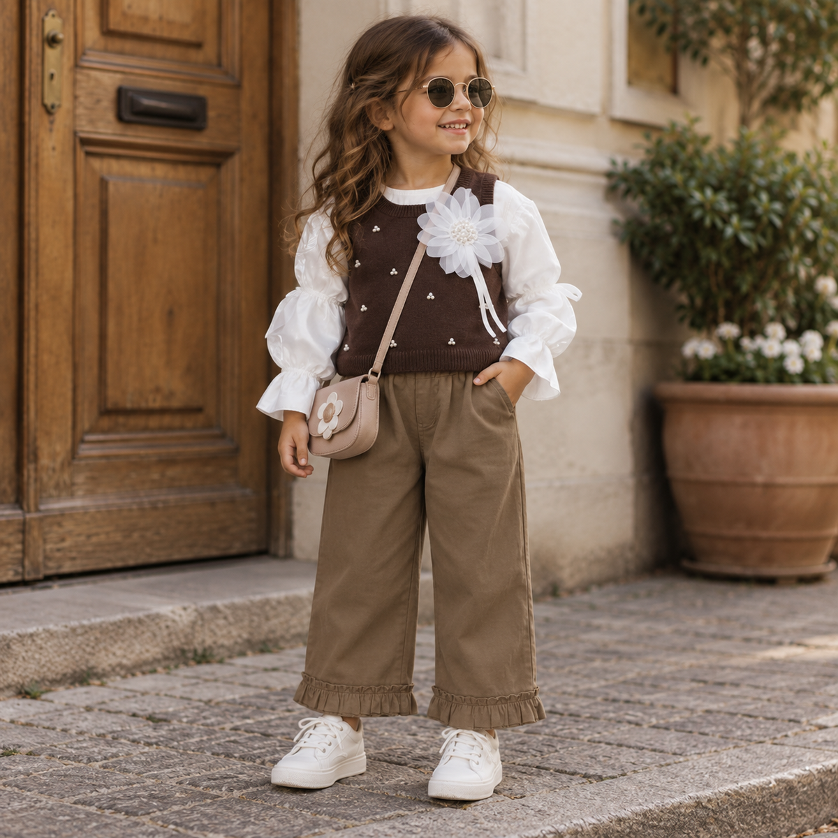 Girls 3PC sweater vest, white shirt and brown pants set - Brown