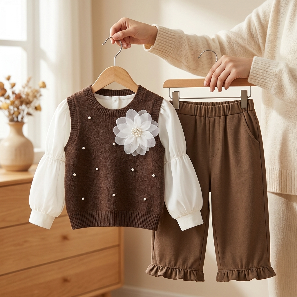 Girls 3PC sweater vest, shirt and pants set - Brown product view