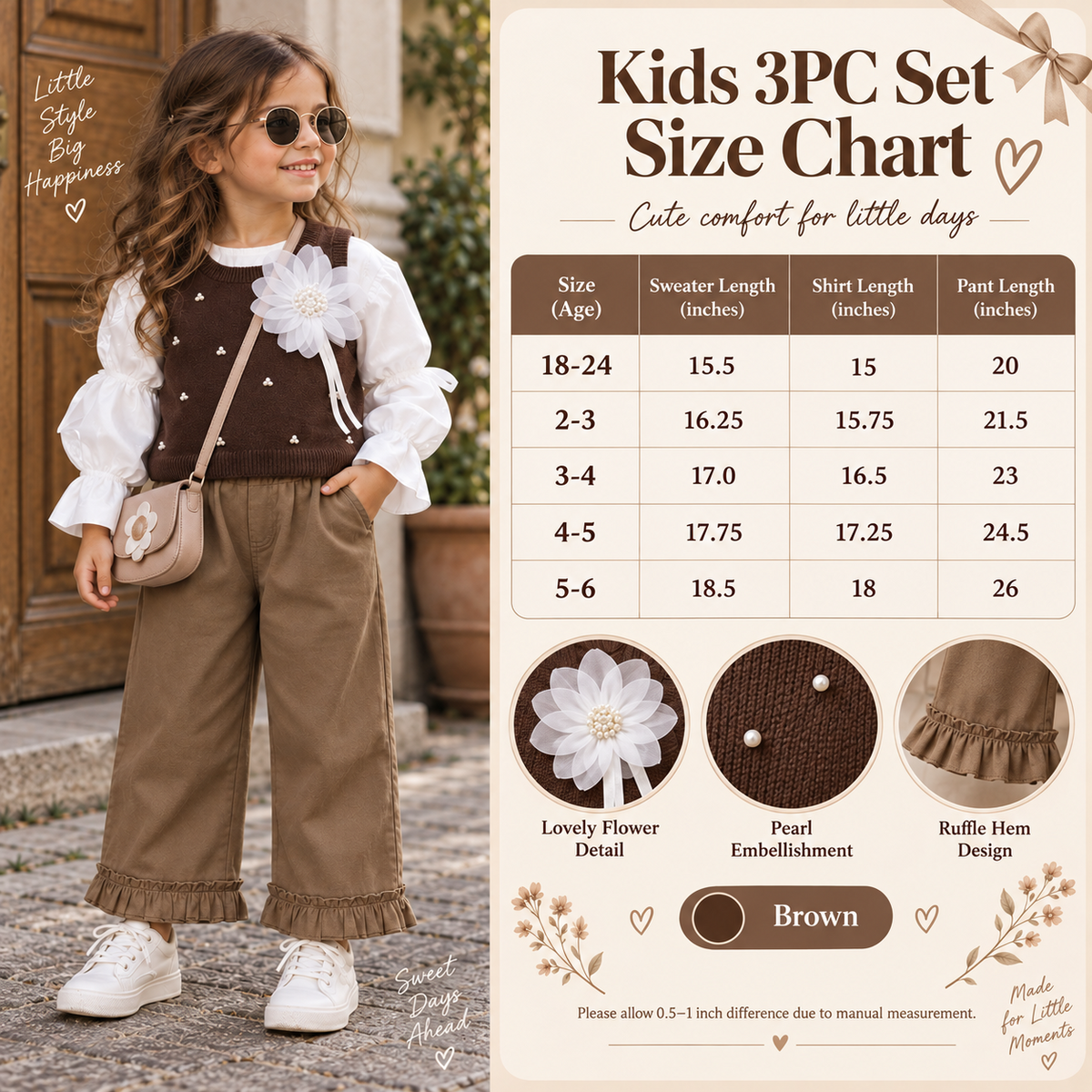 Girls 3PC sweater shirt and pants set size chart