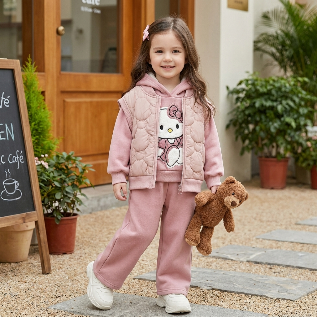Girls 3 piece winter jacket hoodie trouser set in pink