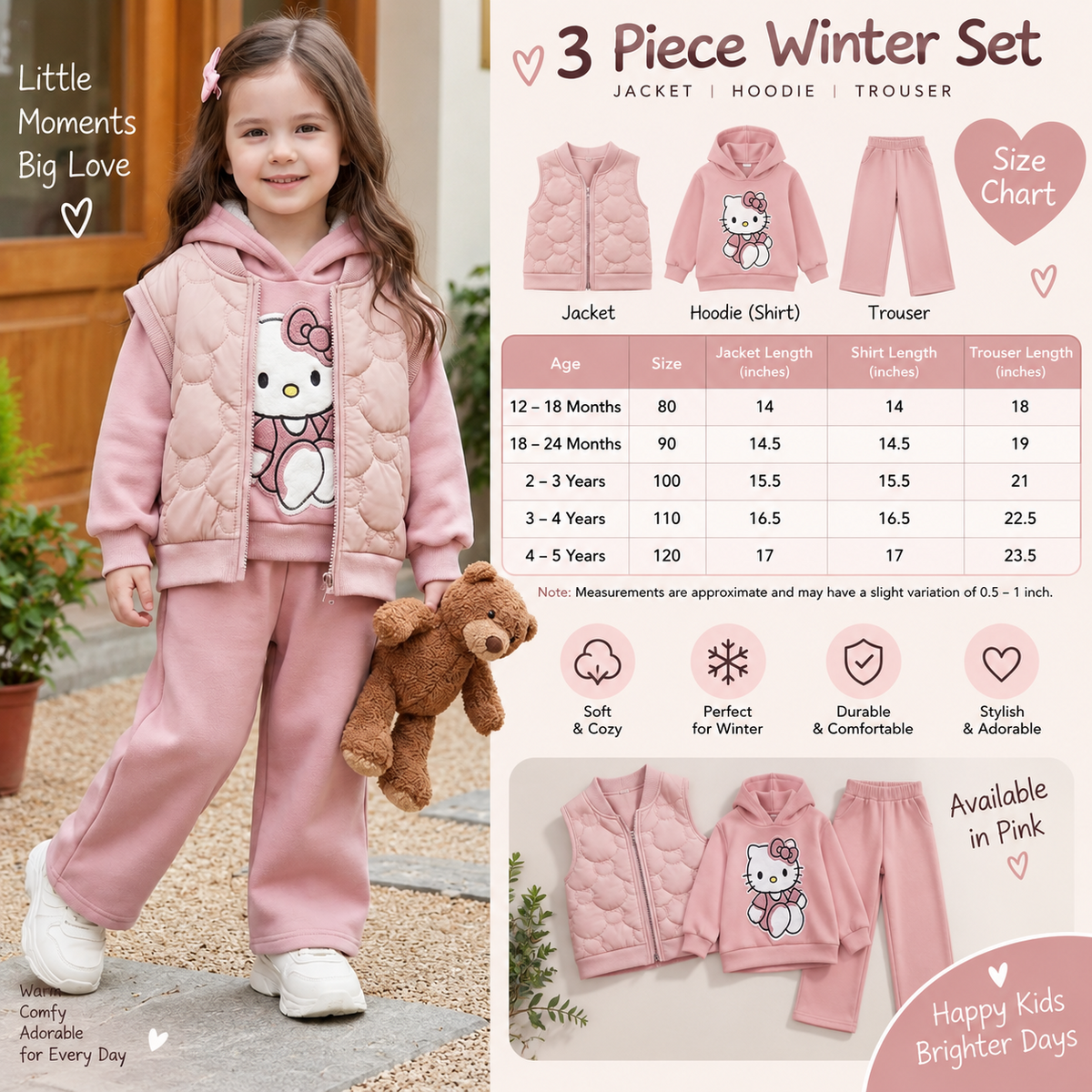 Girls 3 piece winter set size chart 12-18 months to 4-5 years