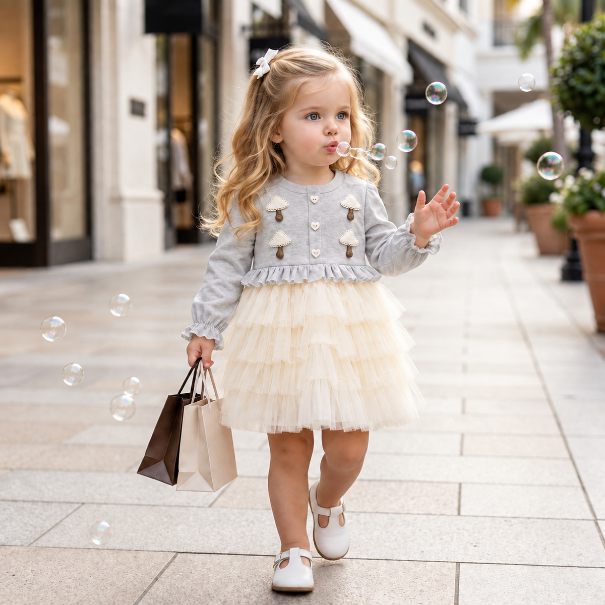 Girls mushroom tulle frock in grey