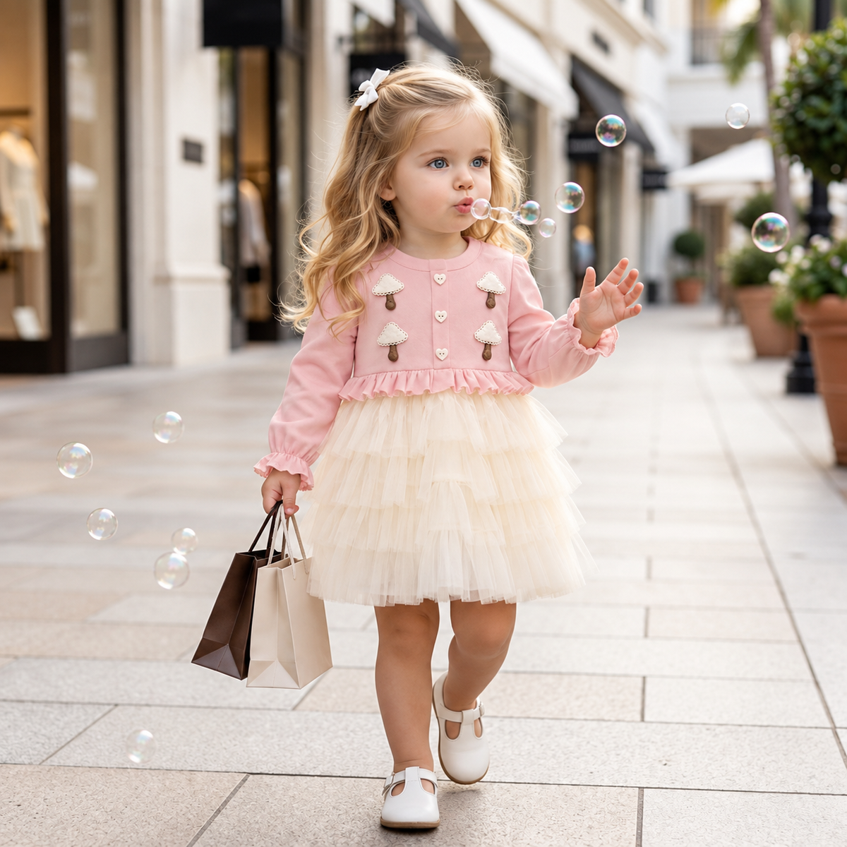 Girls mushroom tulle frock in pink