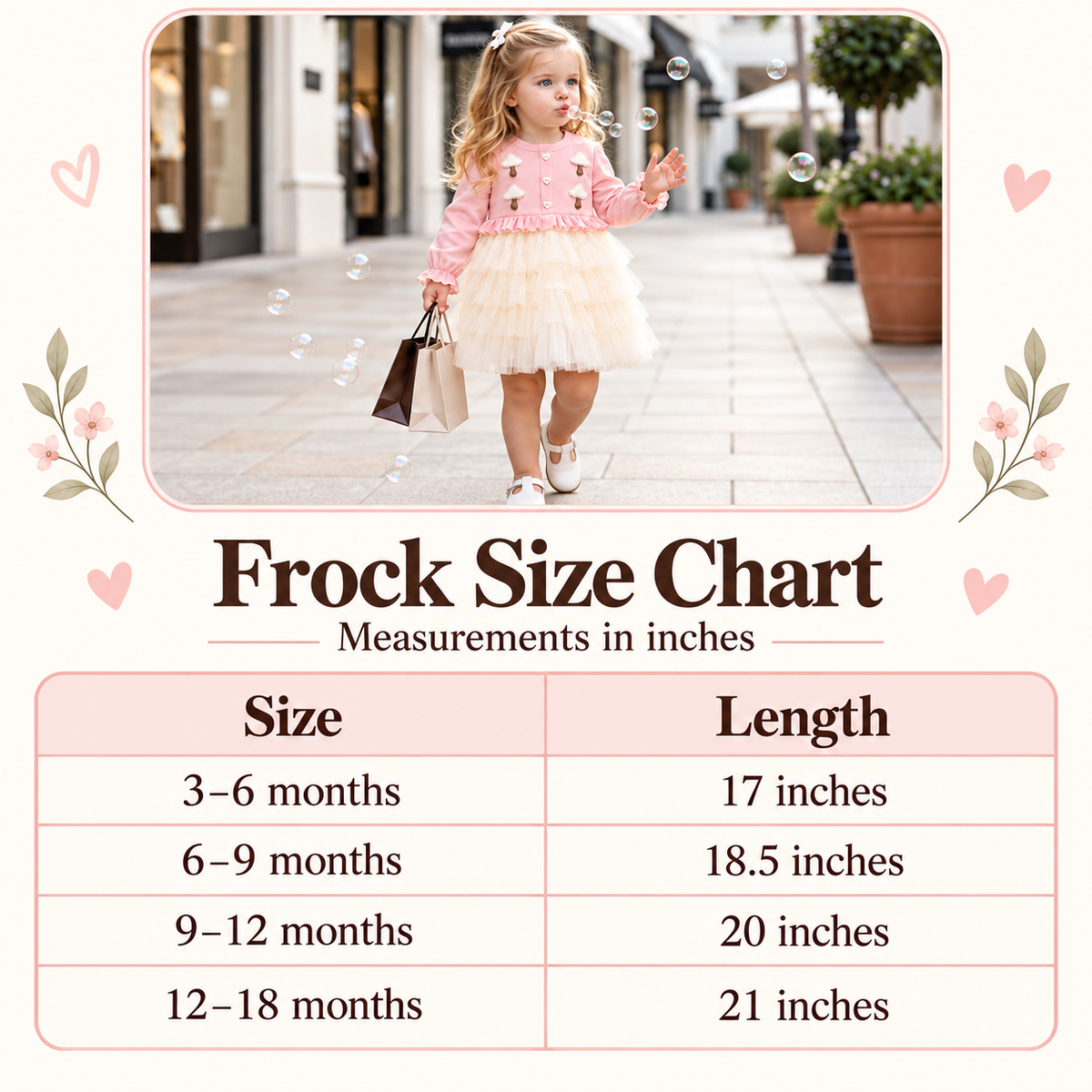 Girls mushroom tulle frock size chart