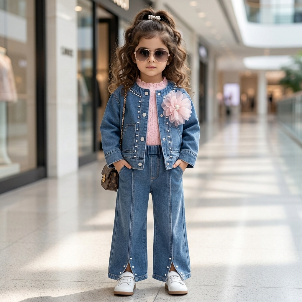 Girls pearl denim 3 piece winter set pink lifestyle