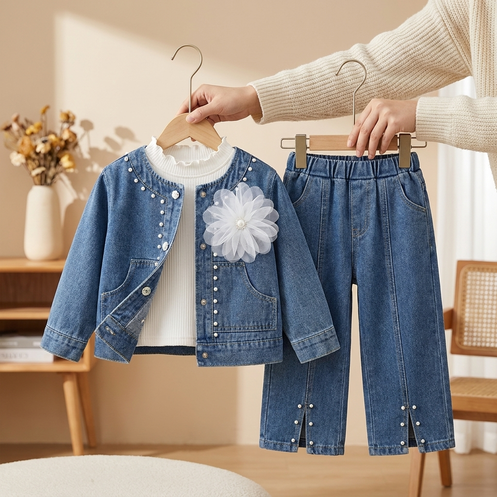 Girls pearl denim 3 piece winter set product display
