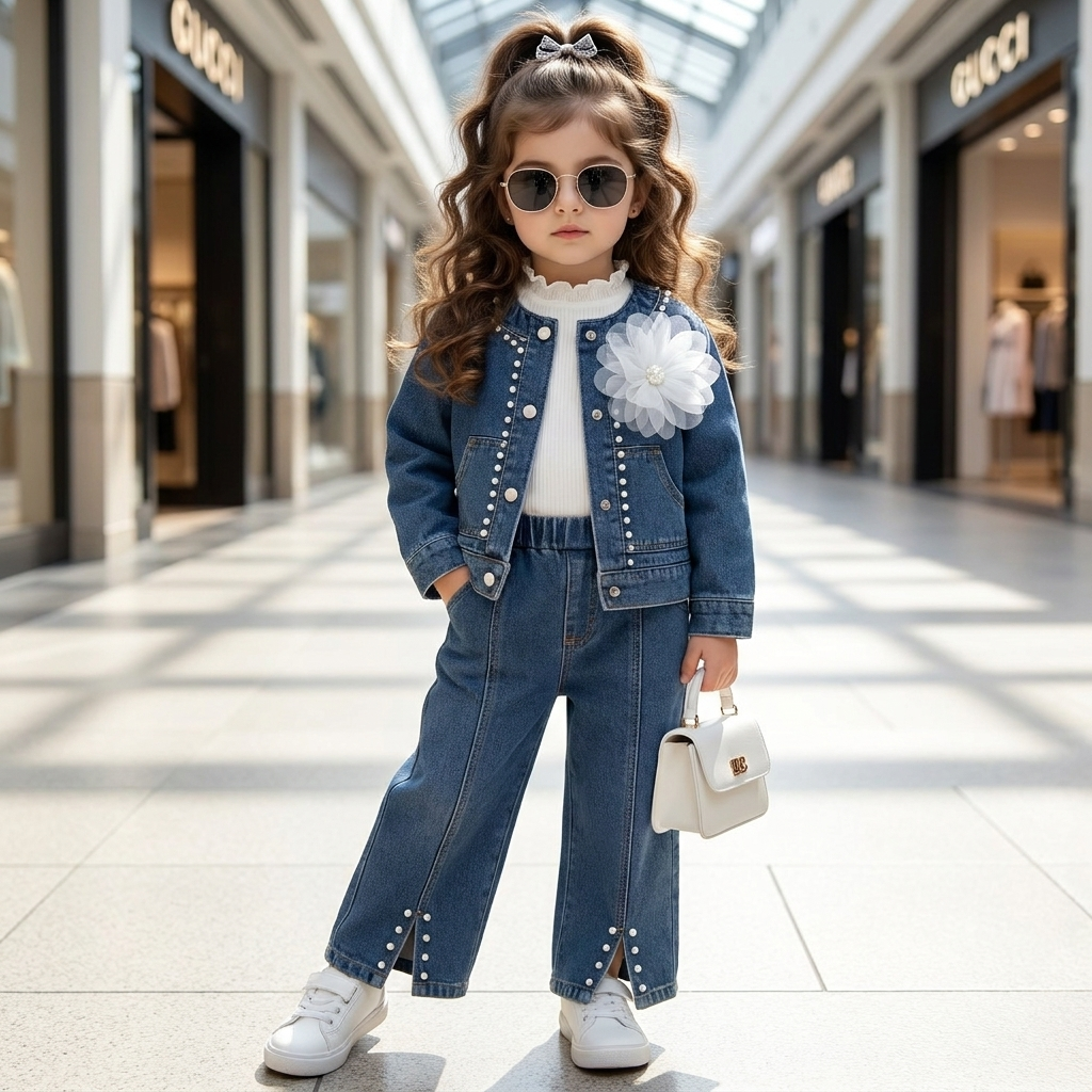 Girls pearl denim 3 piece winter set white lifestyle