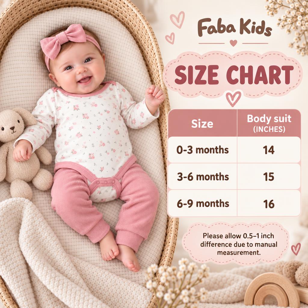 Faba Kids size chart for the baby floral bodysuit set, showing bodysuit lengths for 0–3, 3–6 and 6–9 months.