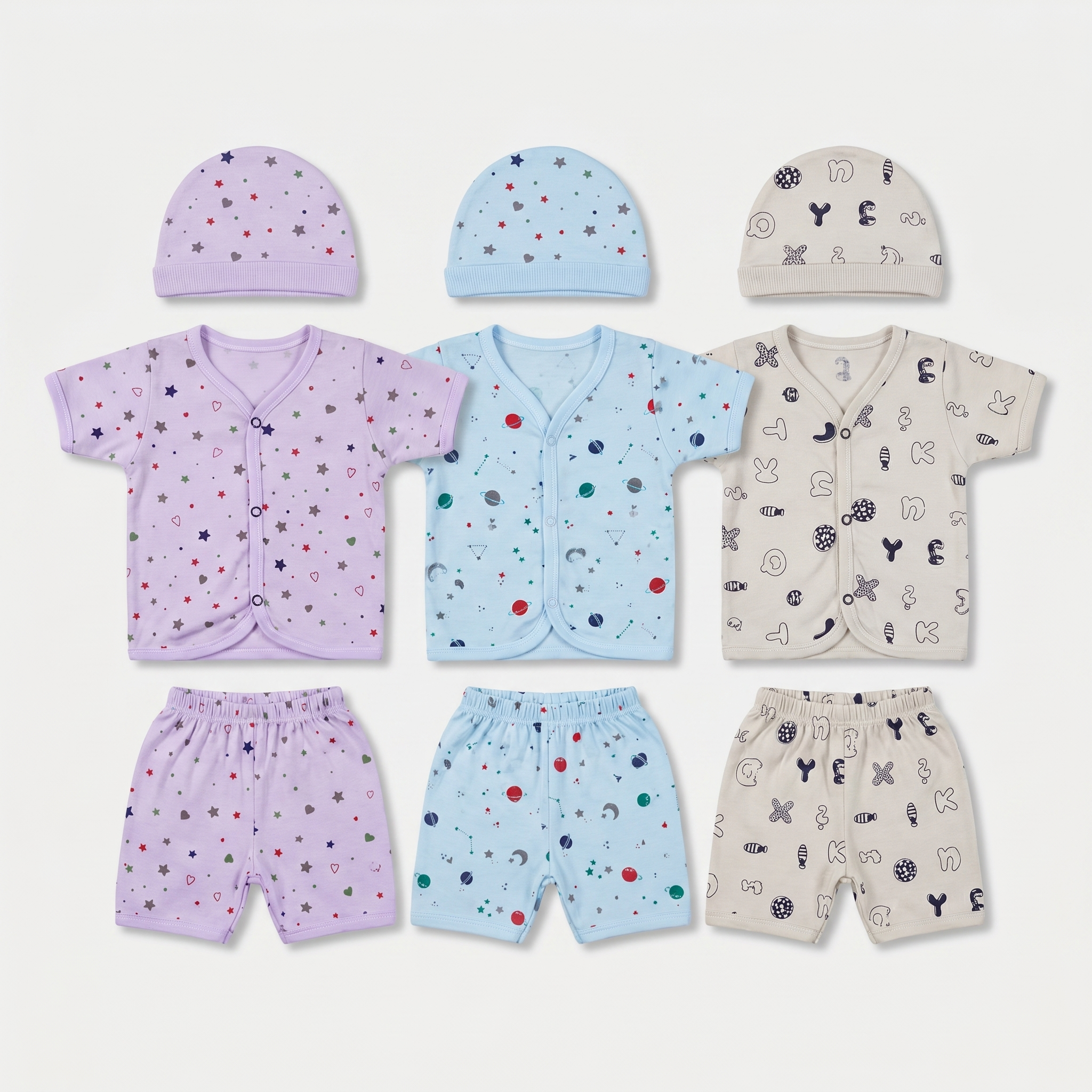 Newborn Summer Clothing Set – 3 Pack with Matching Caps