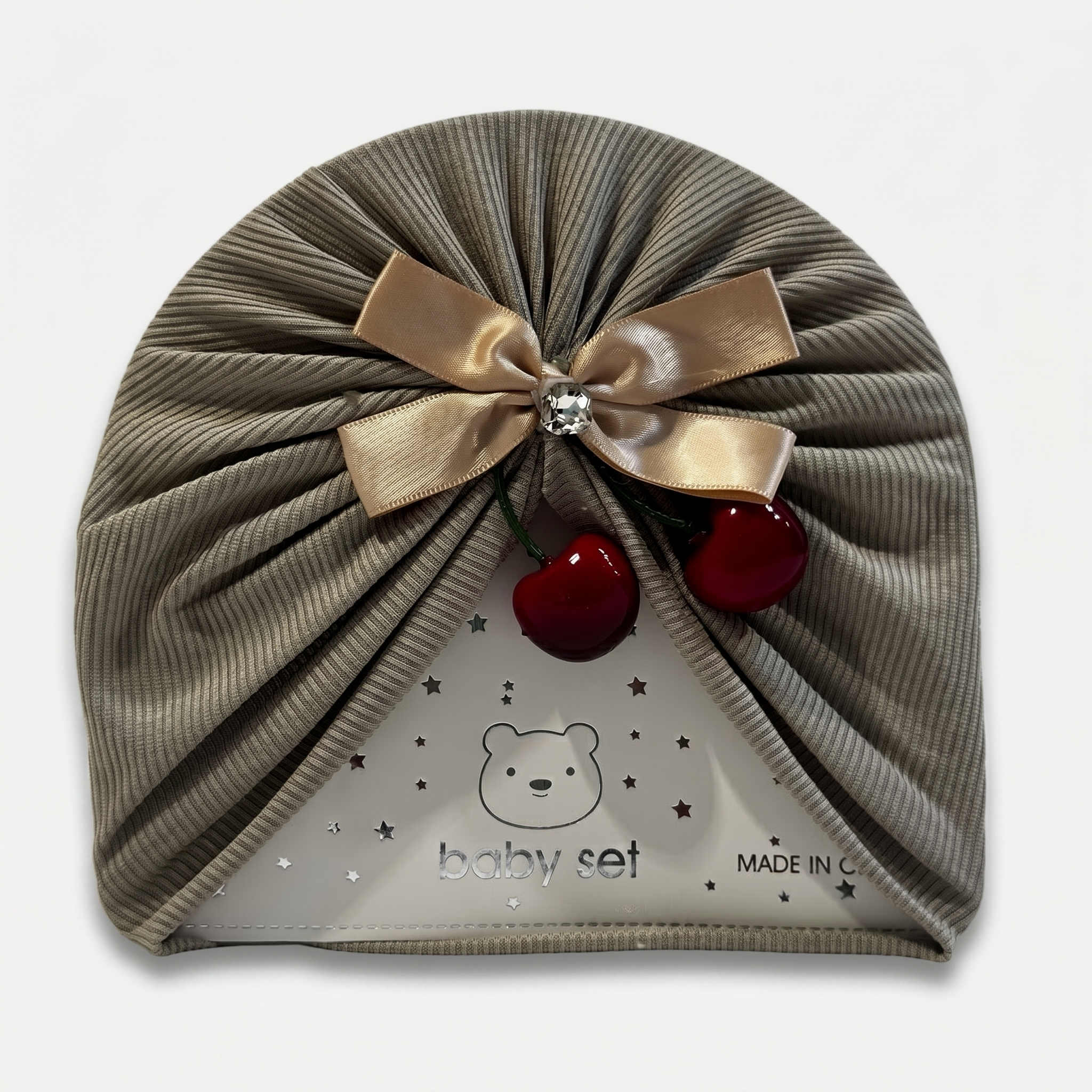 Cherry Bow Baby Turban Cap – Soft Ribbed Beanie (Many Colors)