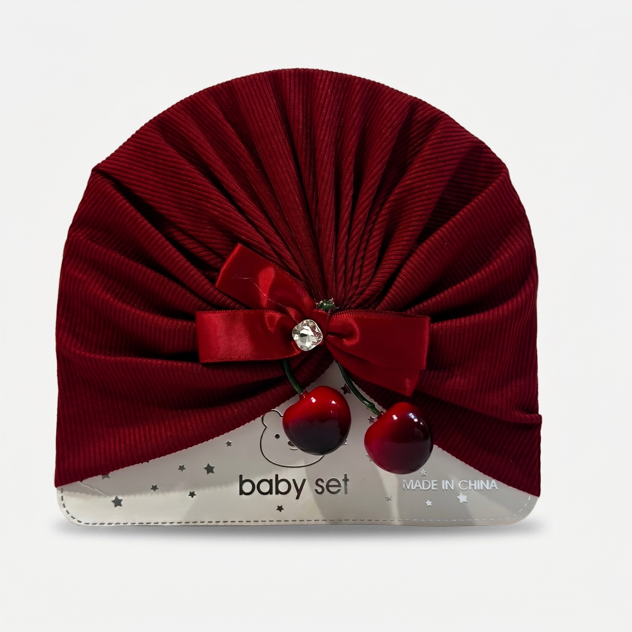 Cherry Bow Baby Turban Cap – Soft Ribbed Beanie (Many Colors)