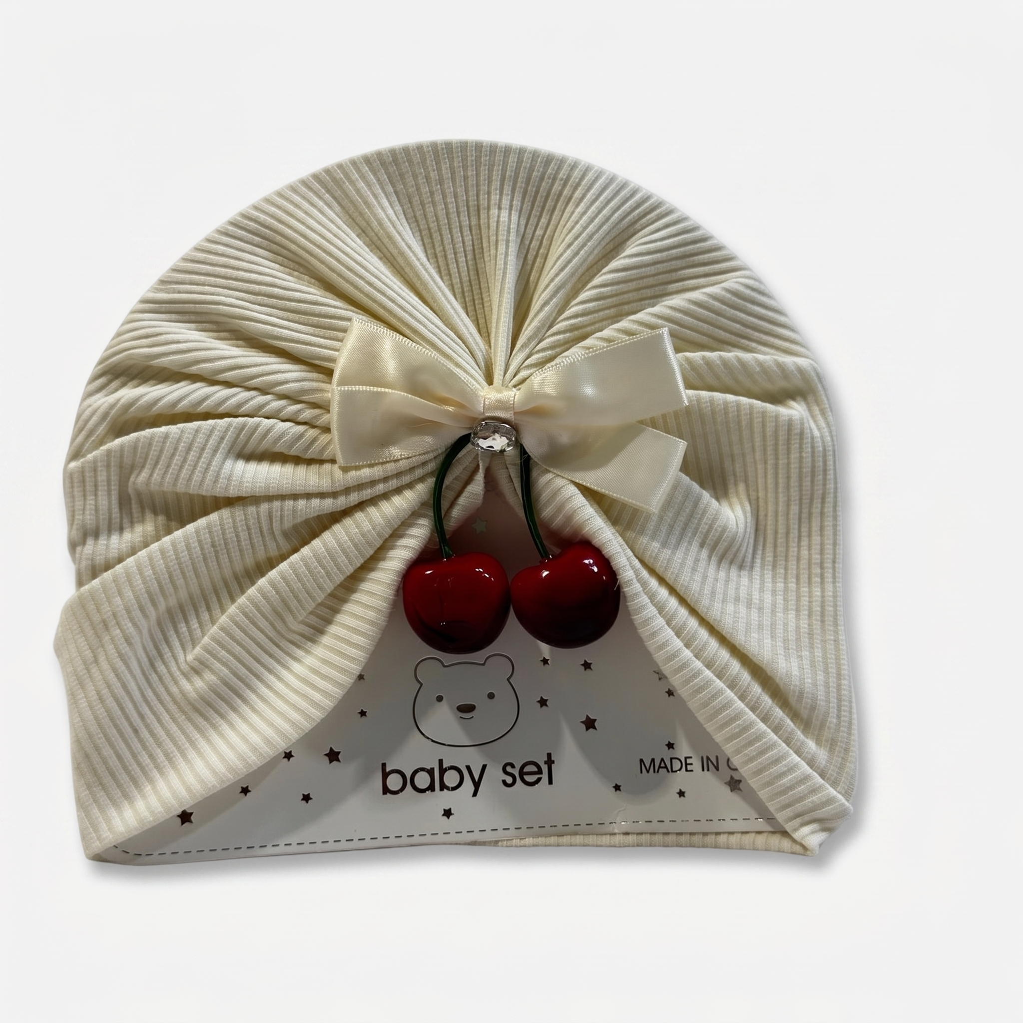 Cherry Bow Baby Turban Cap – Soft Ribbed Beanie (Many Colors)