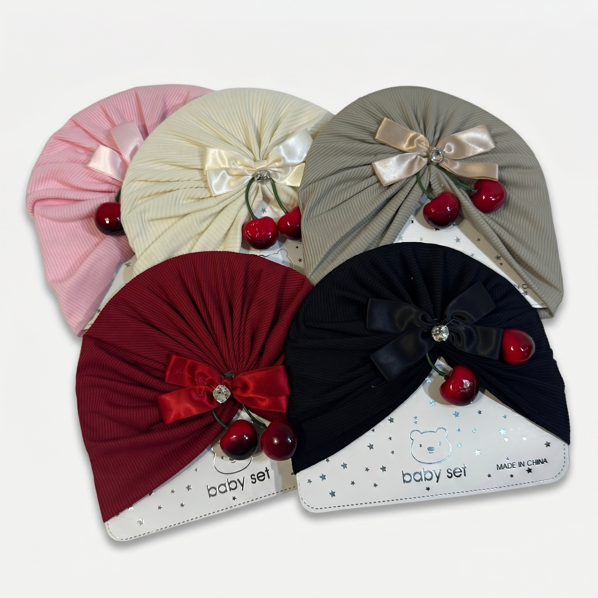 Cherry Bow Baby Turban Cap – Soft Ribbed Beanie (Many Colors)