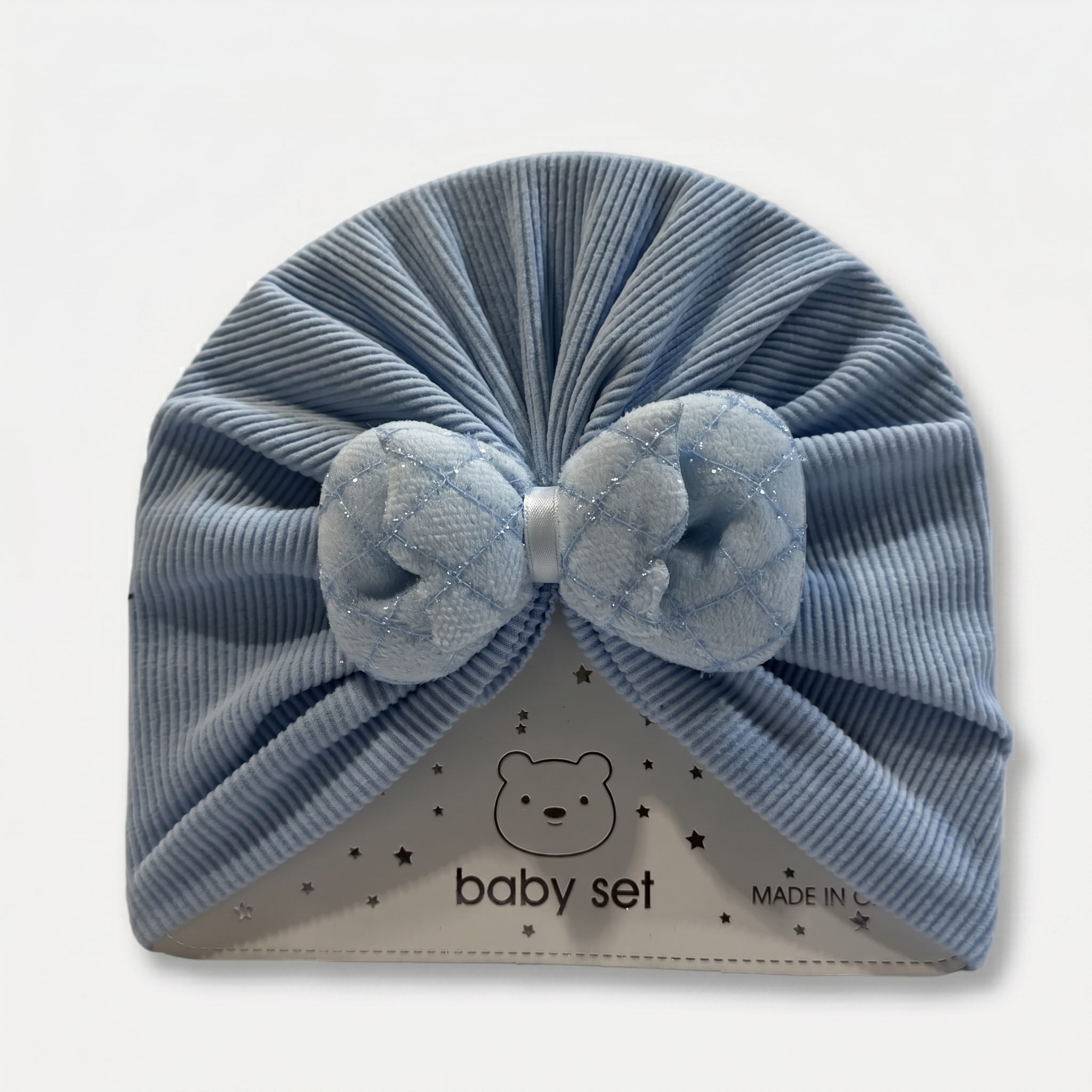 Sparkle Bow Baby Turban Cap – Soft Ribbed Beanie (Many Colors)