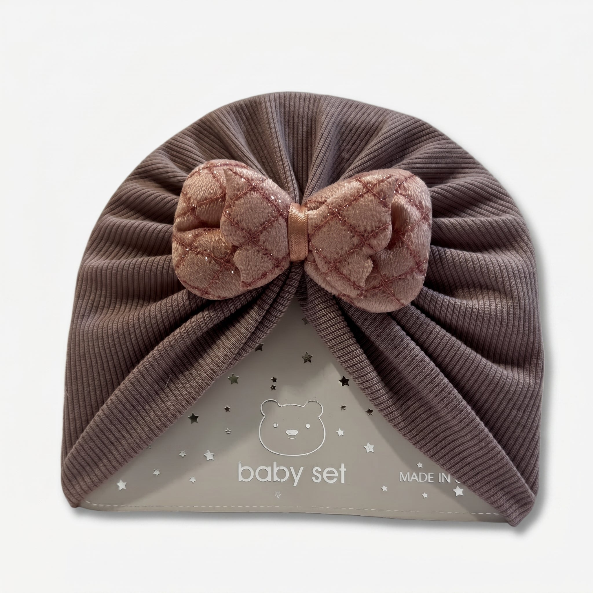 Sparkle Bow Baby Turban Cap – Soft Ribbed Beanie (Many Colors)