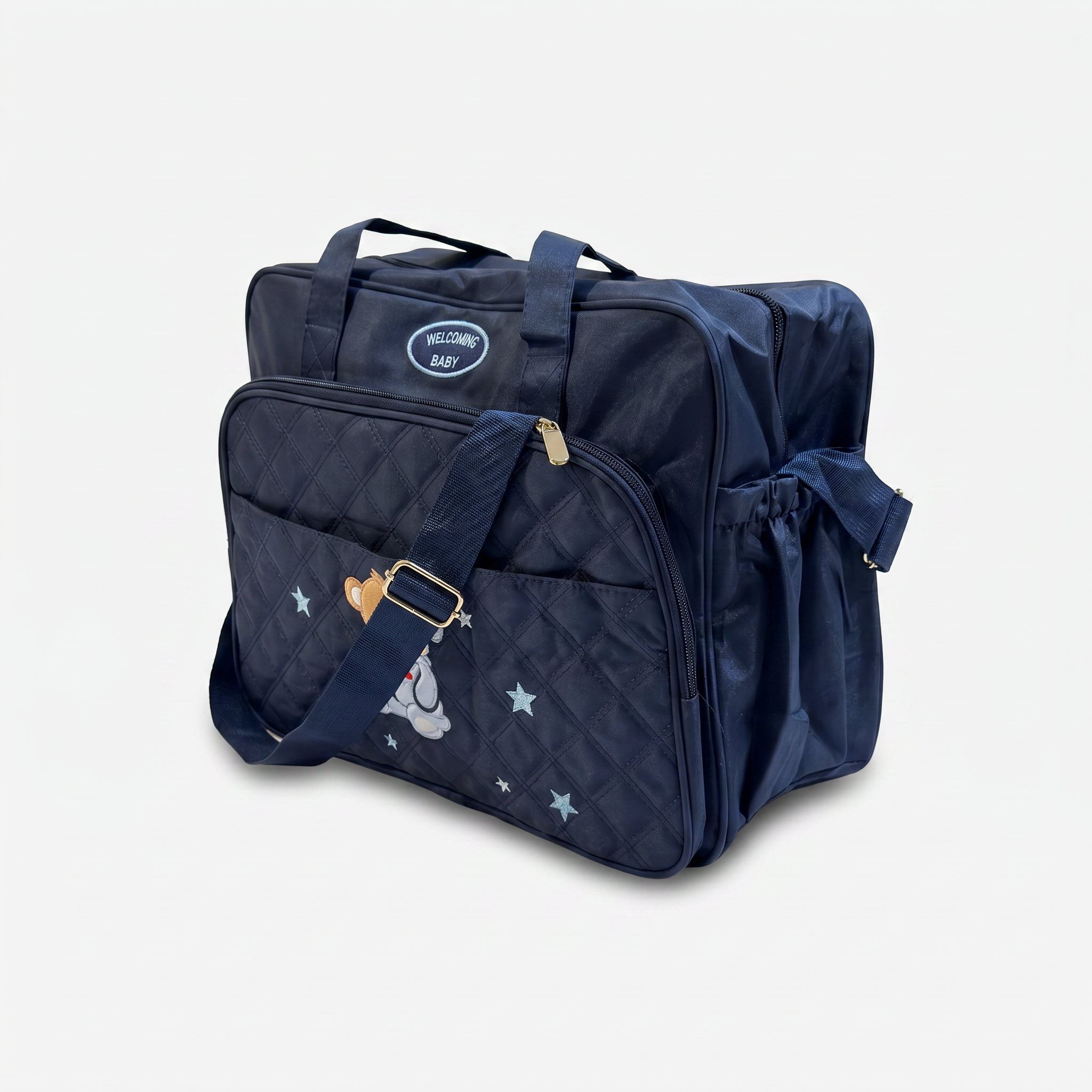 Cute Bear Quilted Baby Diaper Bag – Navy Blue
