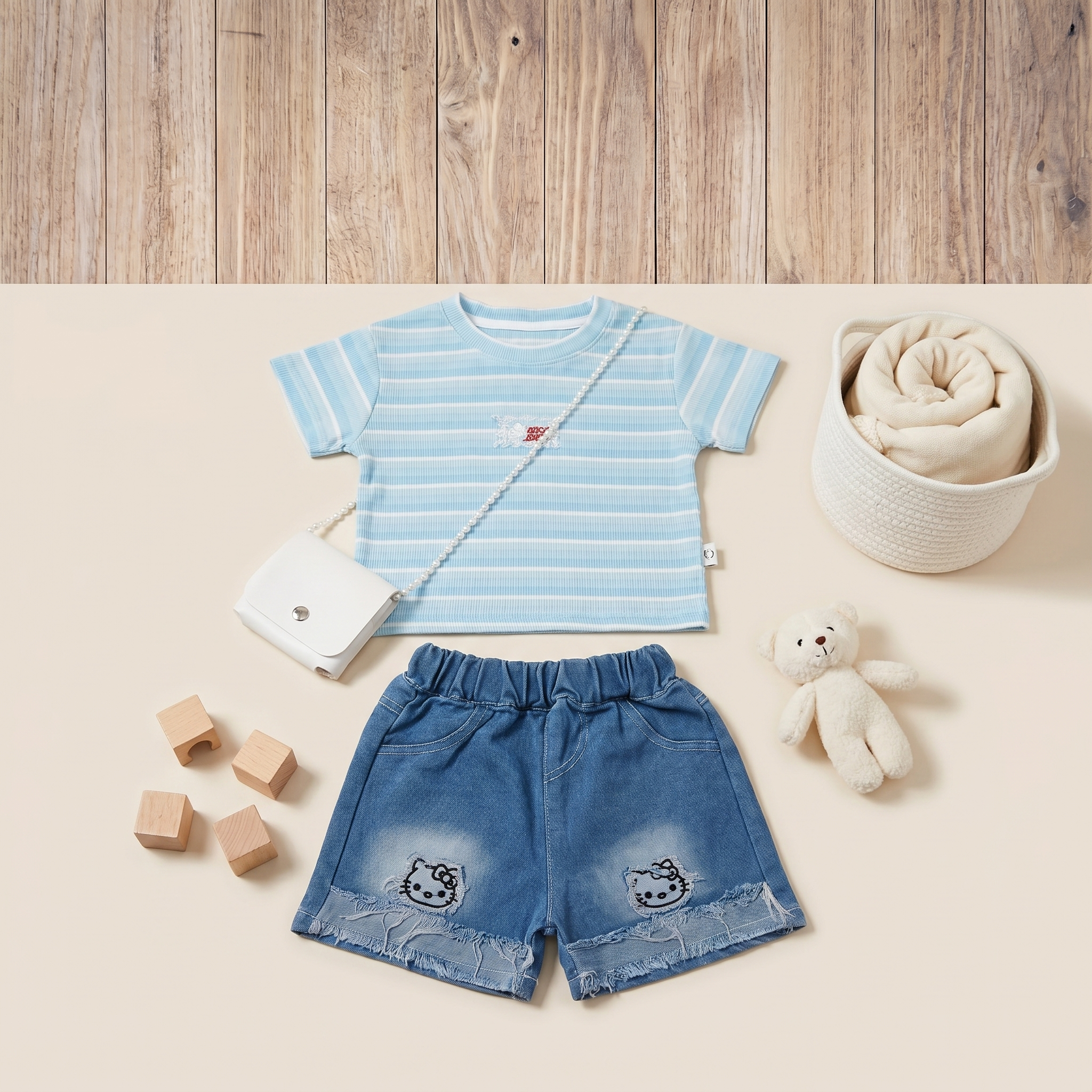 2-Piece Girls Striped T-Shirt & Denim Shorts Set – Sky Blue