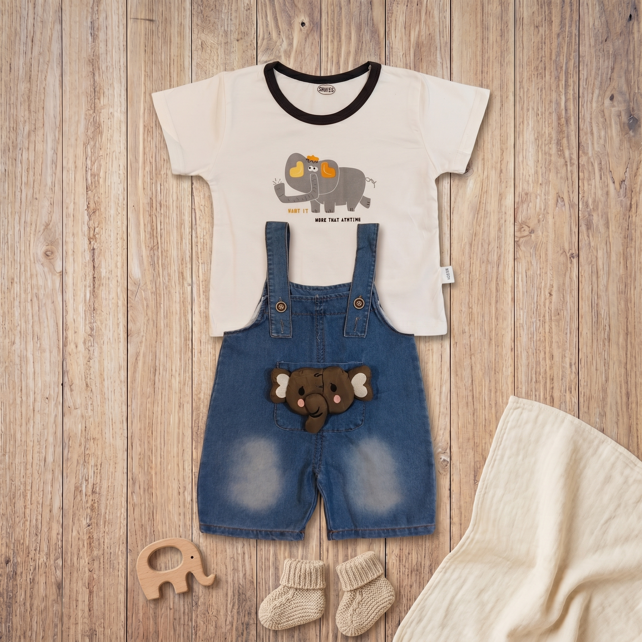 2-Piece Baby Boys Elephant Denim Dungaree Set