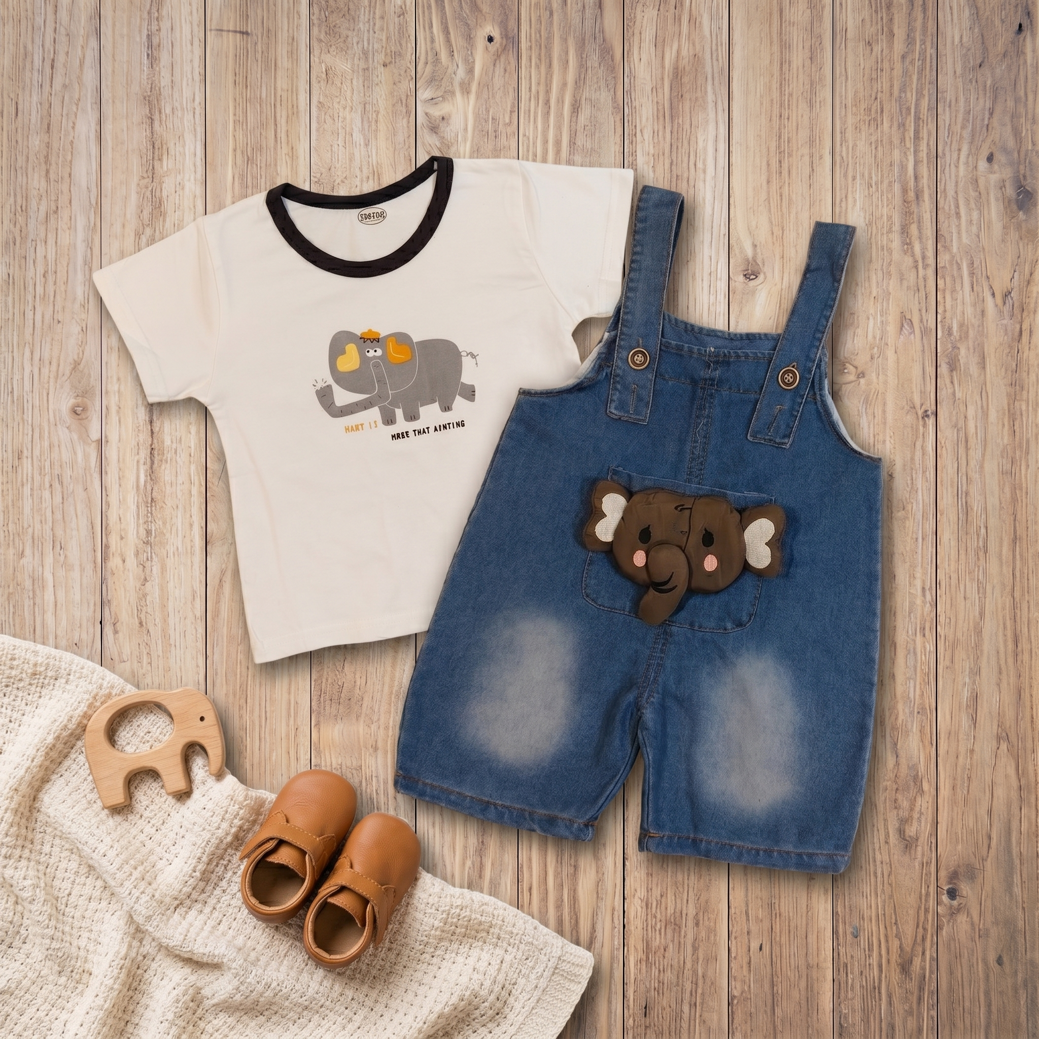 2-Piece Baby Boys Elephant Denim Dungaree Set