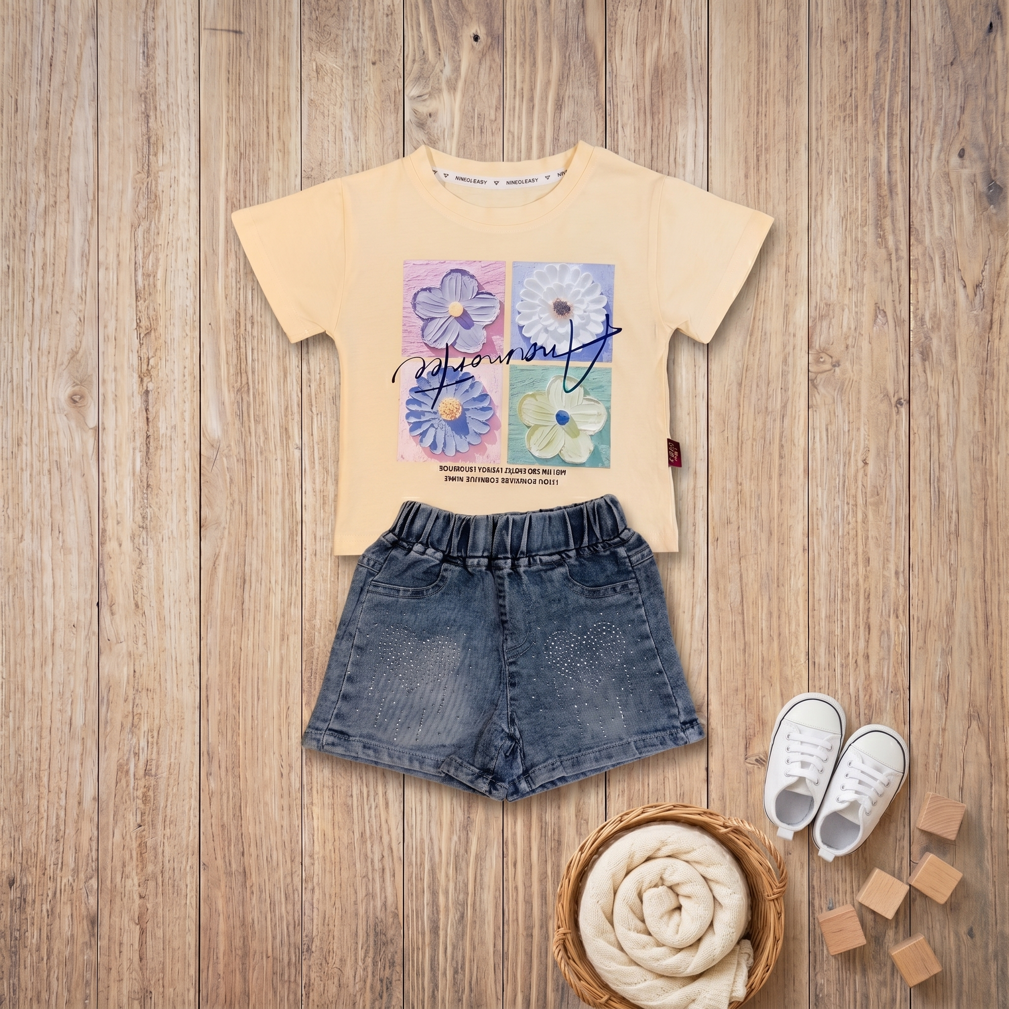 2-Piece Girls Floral T-Shirt & Denim Shorts Set
