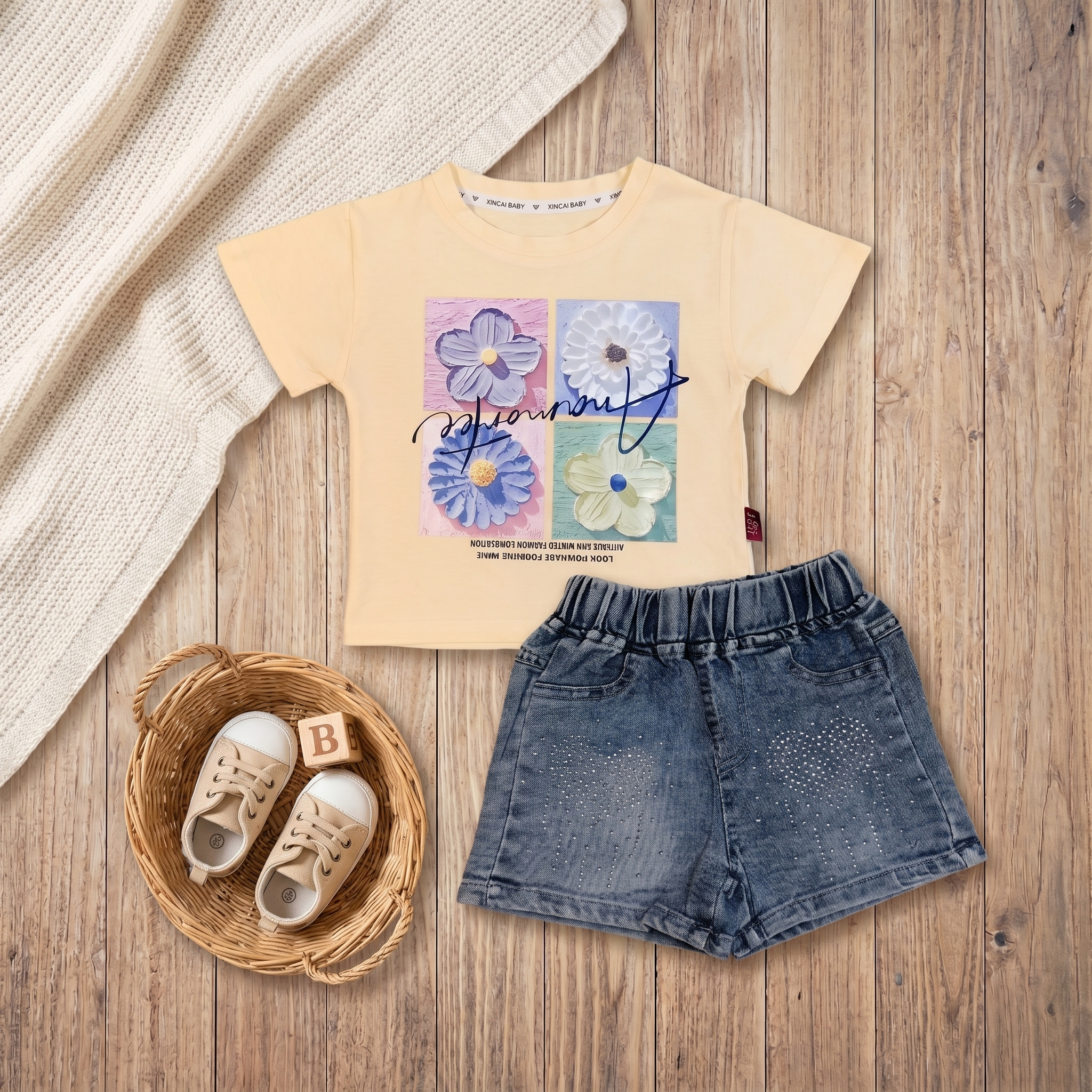 2-Piece Girls Floral T-Shirt & Denim Shorts Set
