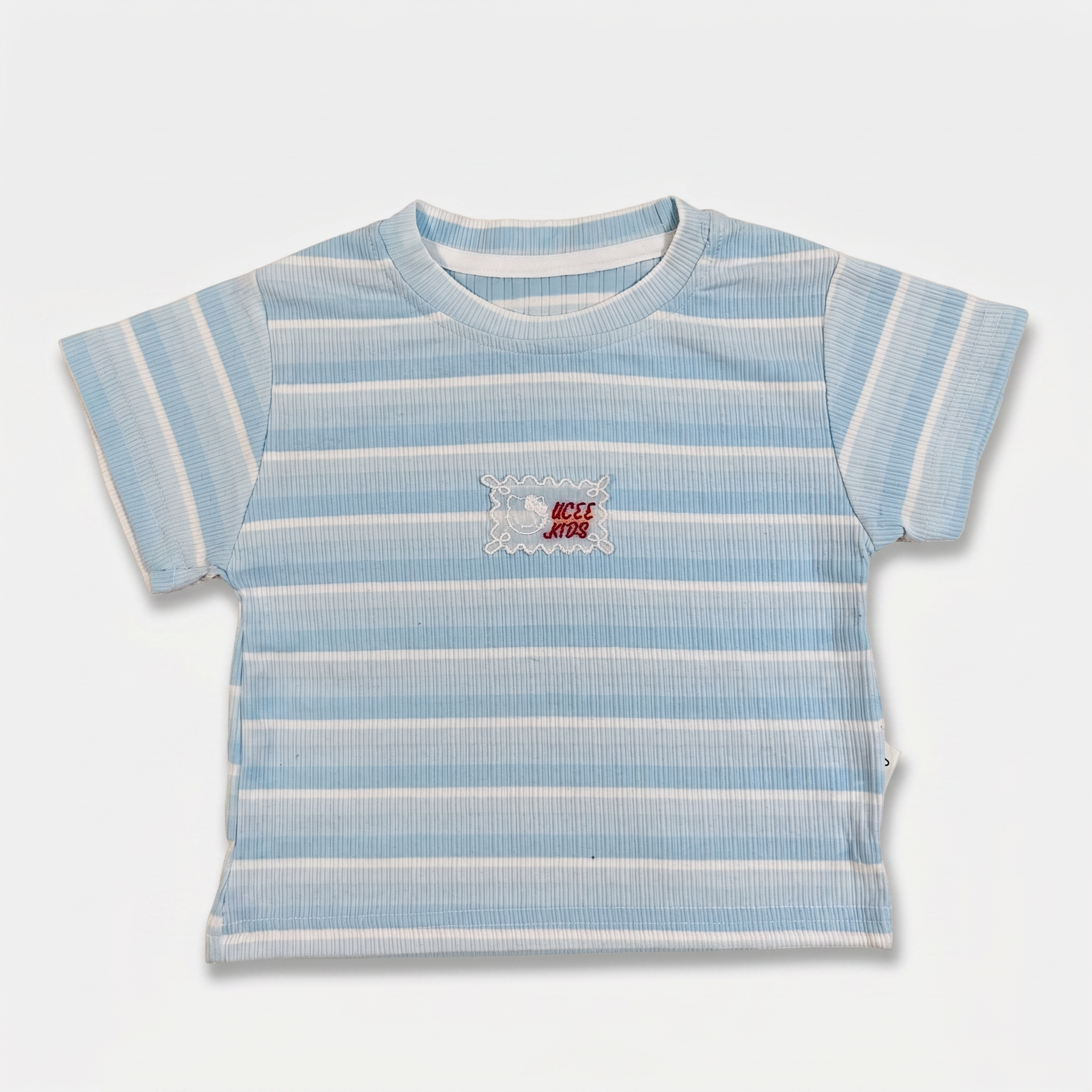 2-Piece Girls Striped T-Shirt & Denim Shorts Set – Sky Blue