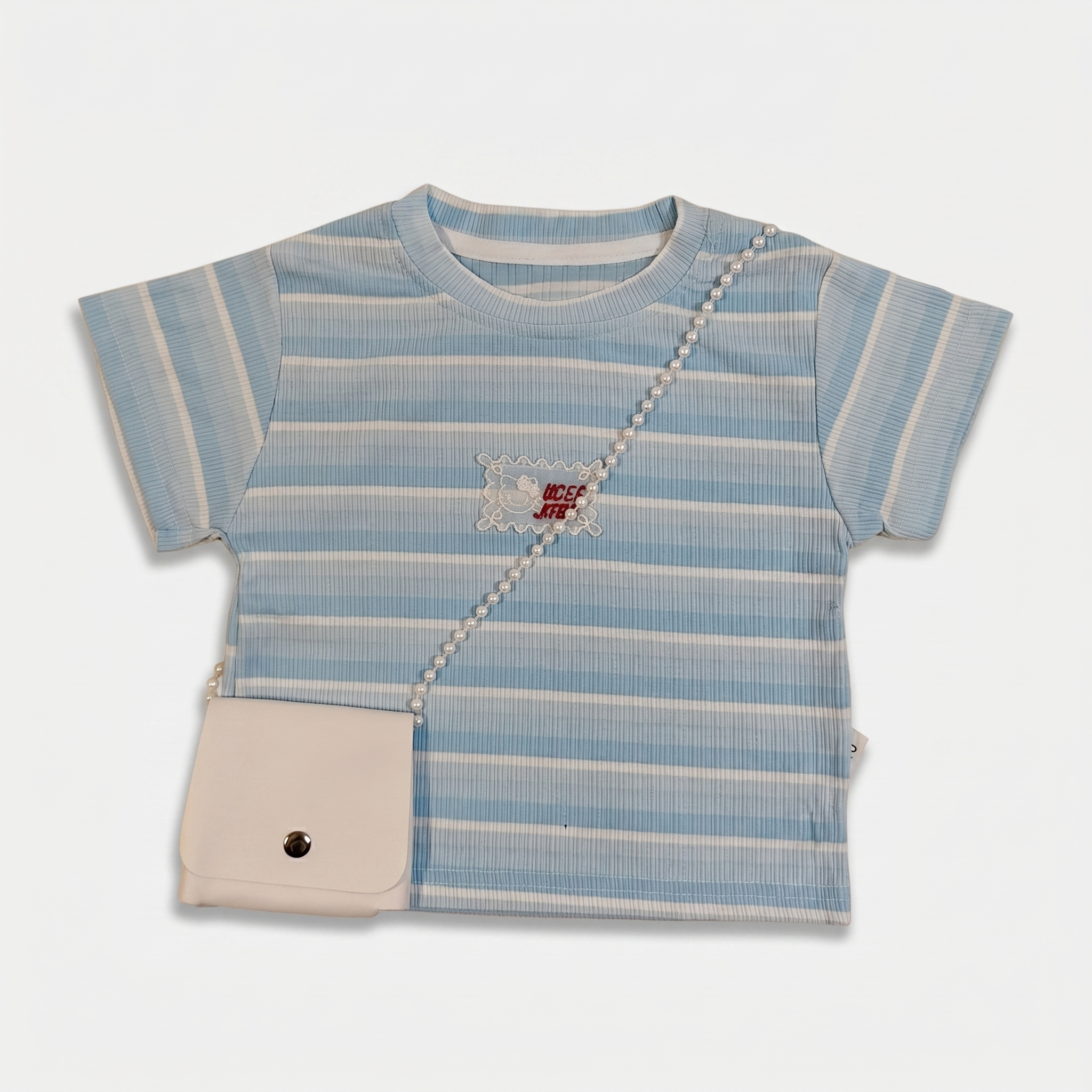 2-Piece Girls Striped T-Shirt & Denim Shorts Set – Sky Blue