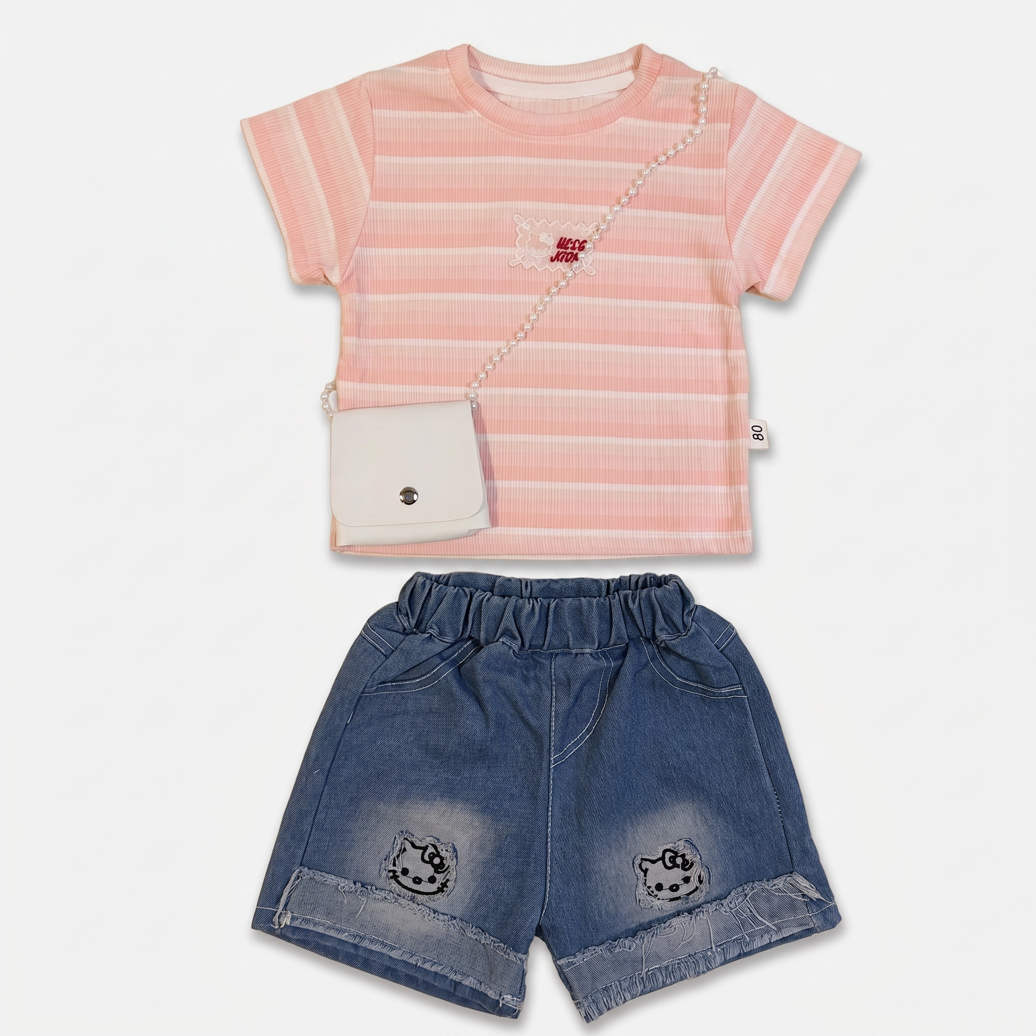 2-Piece Girls Striped T-Shirt & Denim Shorts Set