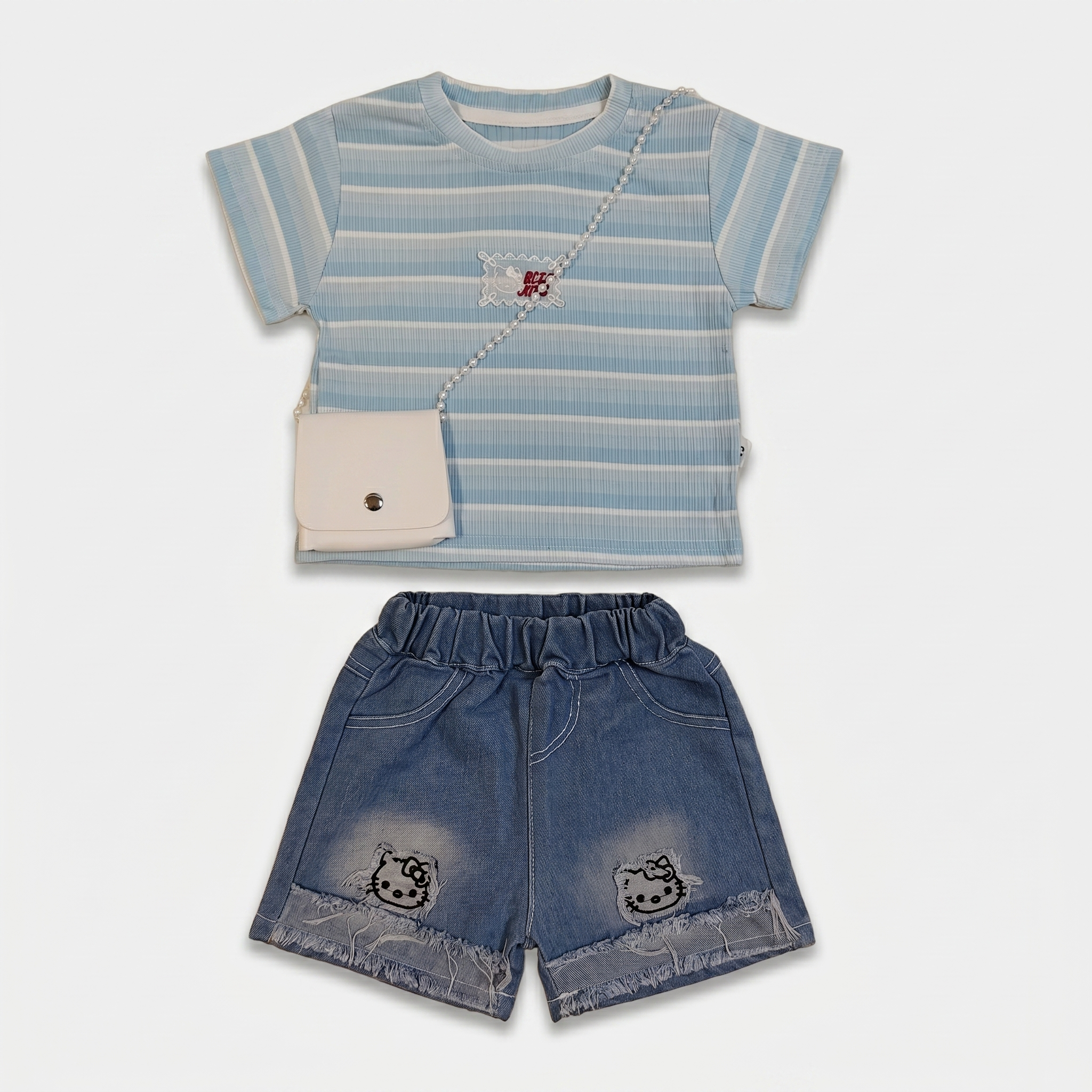 2-Piece Girls Striped T-Shirt & Denim Shorts Set – Sky Blue