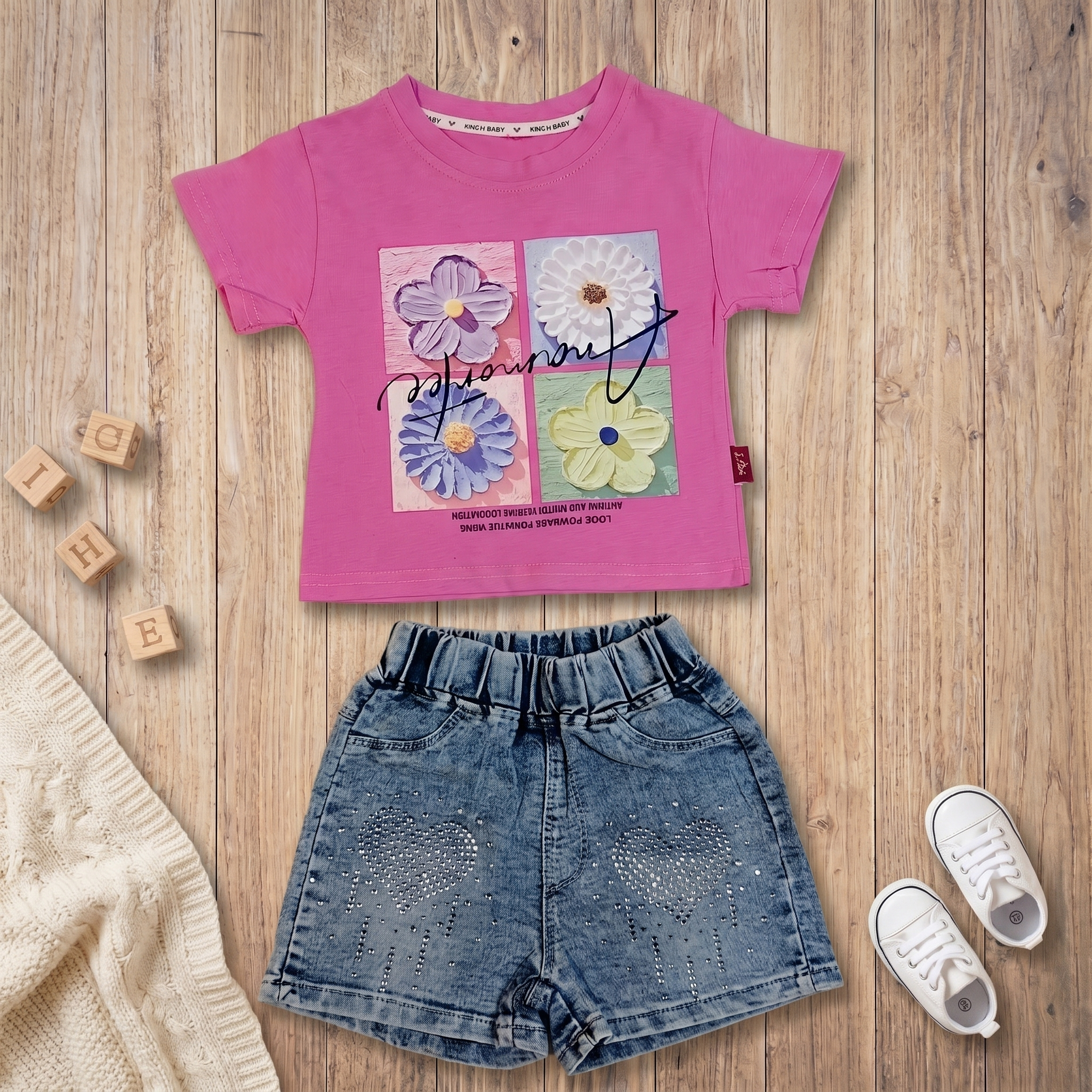 Bloom Heart Denim Shorts Set – Hot Pink