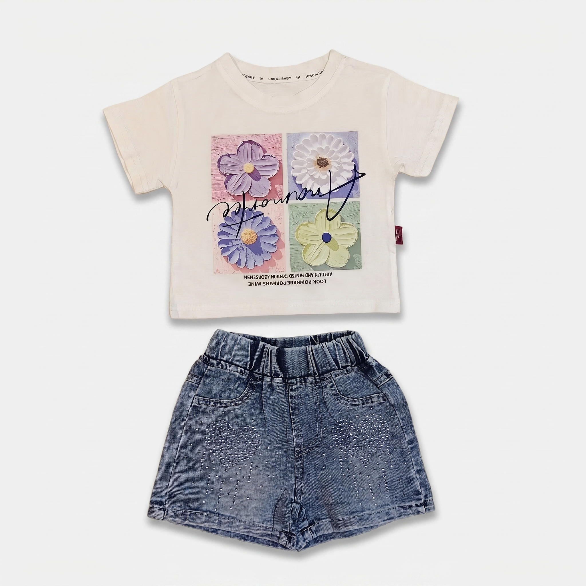 Bloom Heart Denim Shorts Set – Ivory White