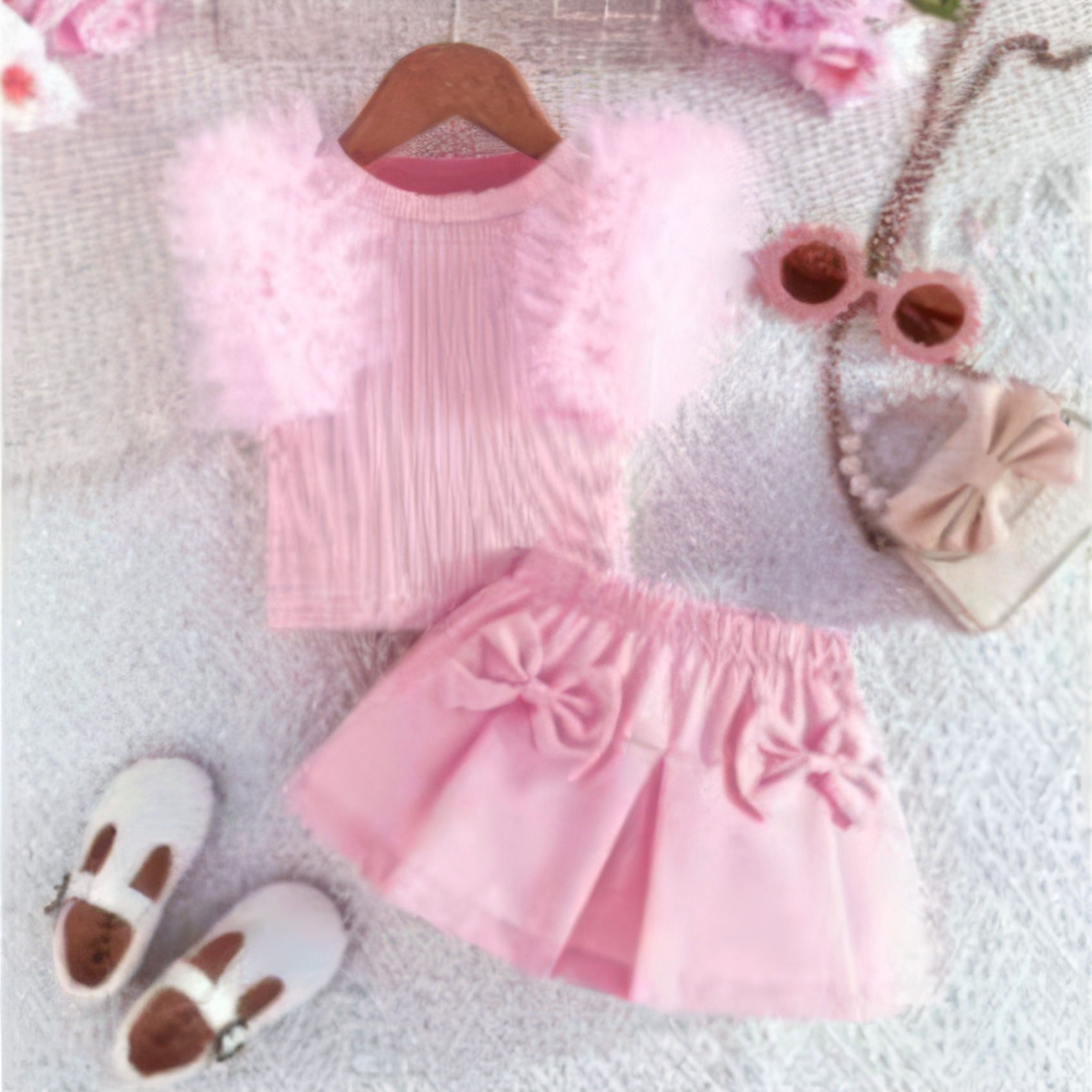 Pink outfit with a top and skirt on a hanger, surrounded by accessories on a textured surface.