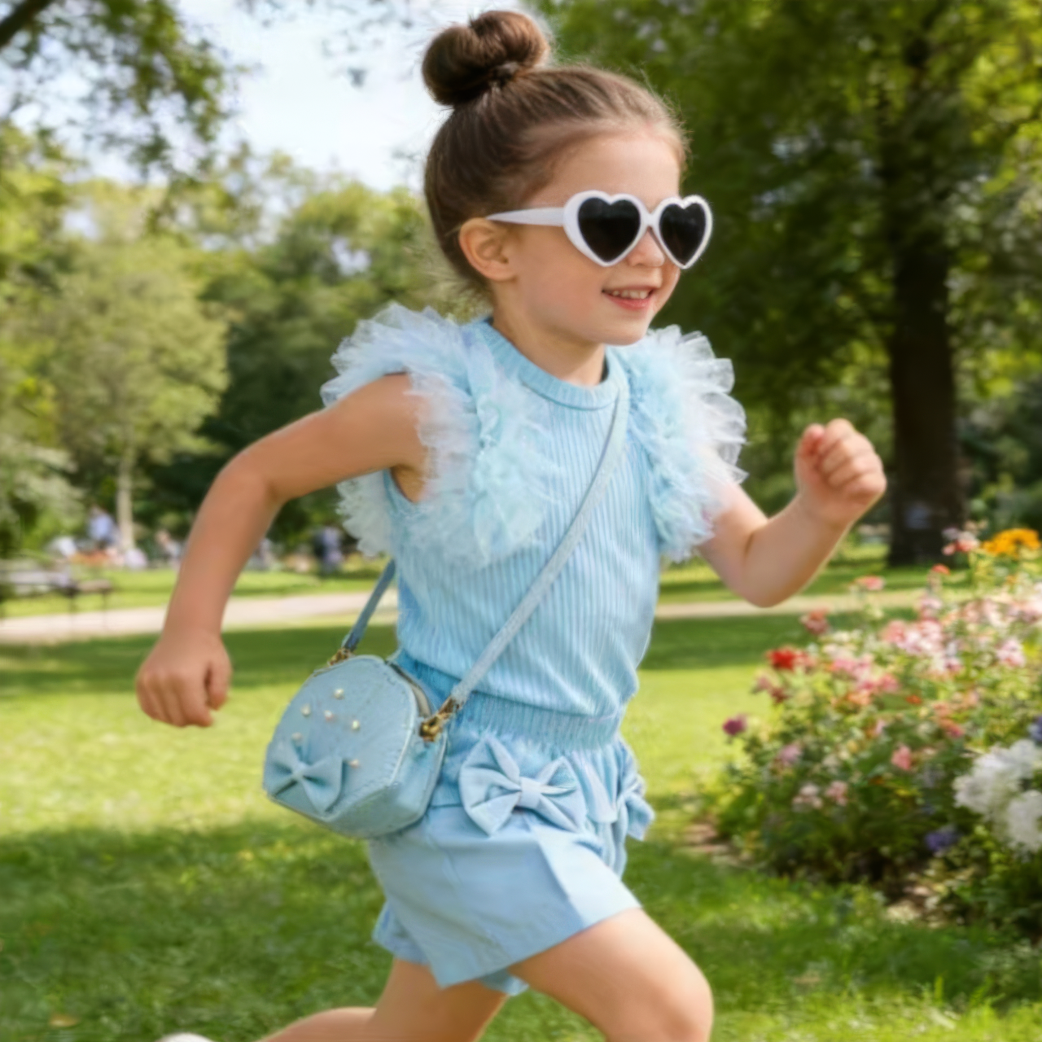 Child in a light blue dress with ruffles and heart-shaped sunglasses running in a park.