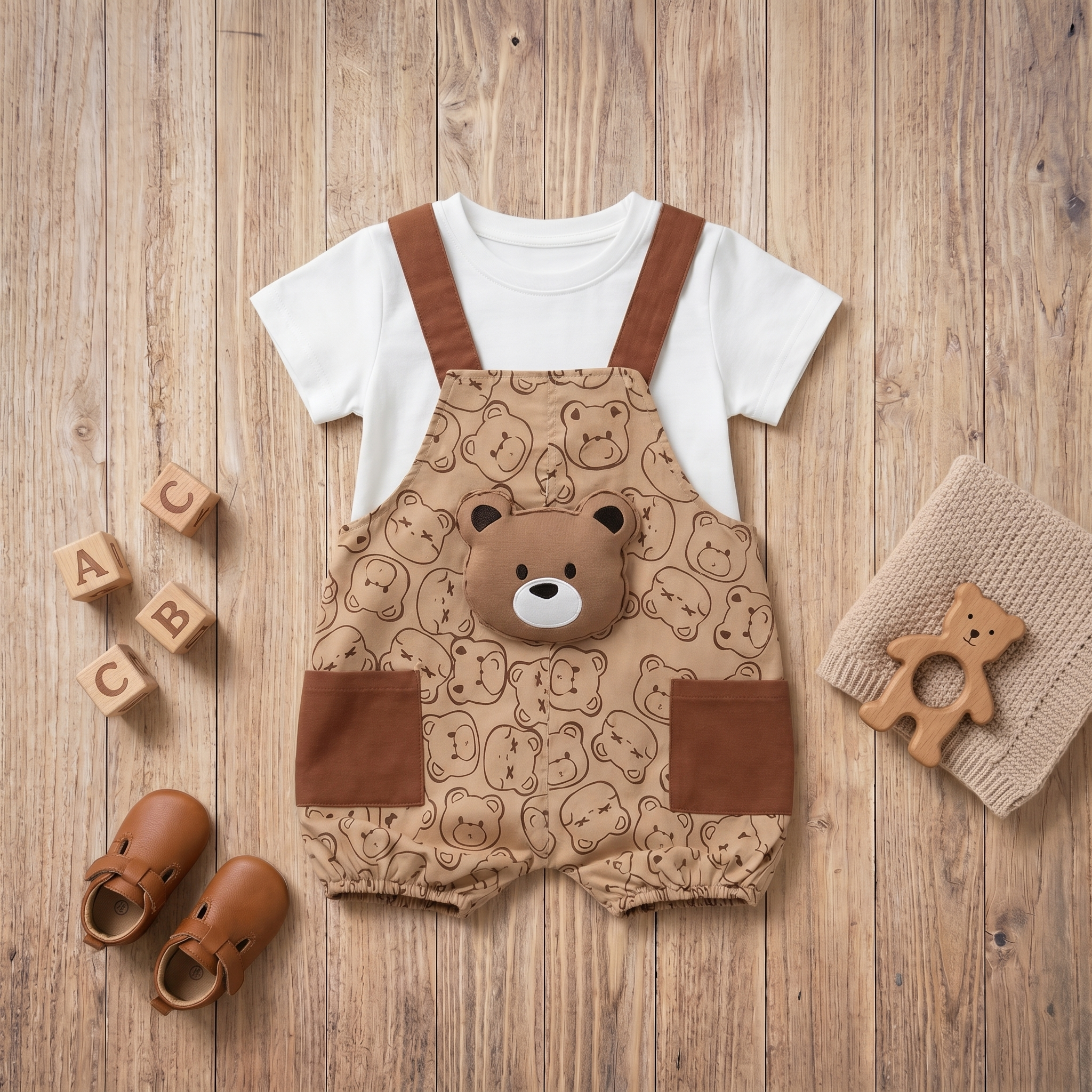 Adorable baby 2-piece outfit featuring a white T-shirt and beige bear-print dungaree romper with a cute 3D teddy bear pocket detail.