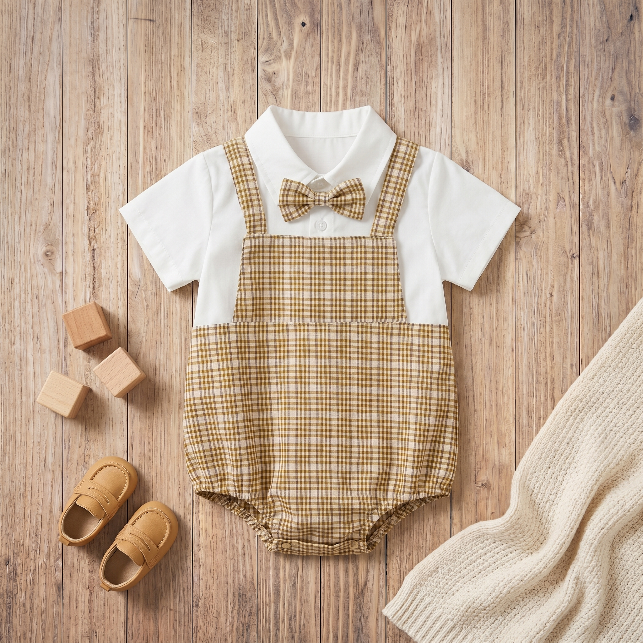 Baby romper with plaid design and bow tie on a wooden surface, accompanied by baby shoes and blocks.