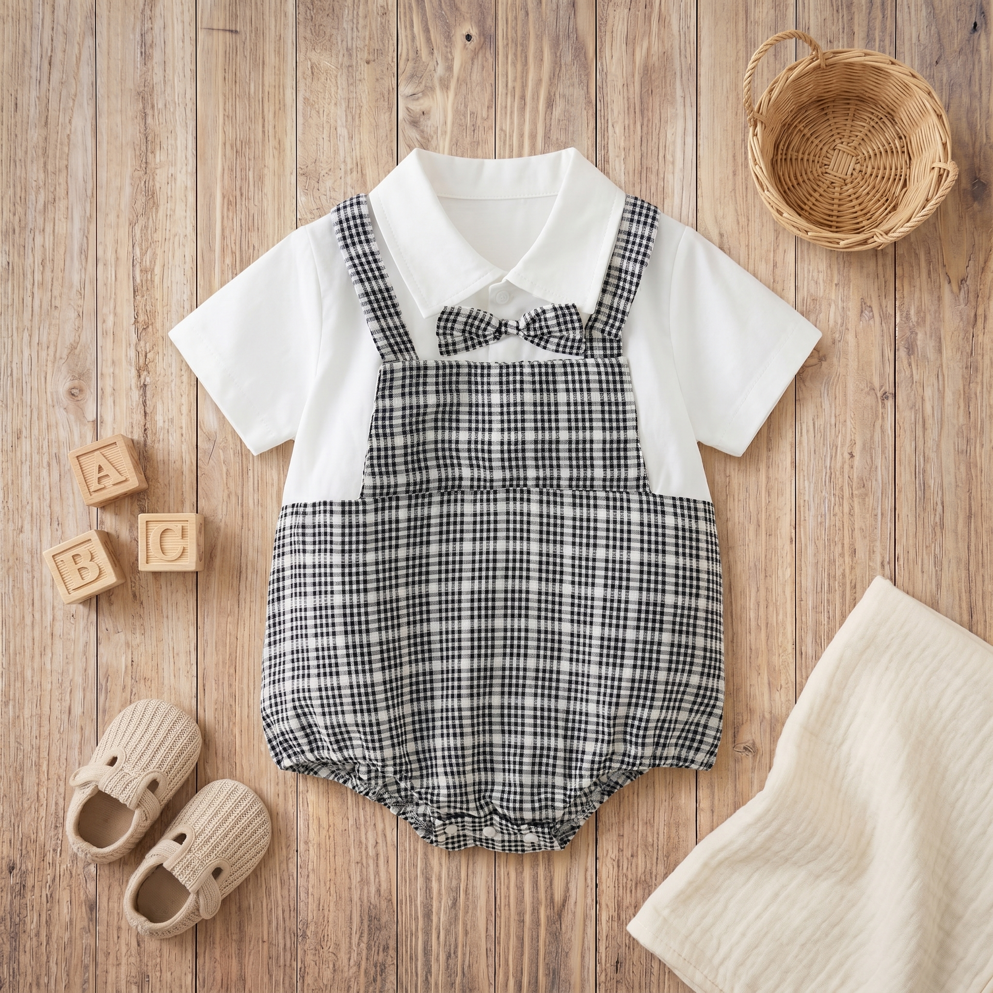 Baby romper with checkered pattern and white shirt on wooden floor with toys