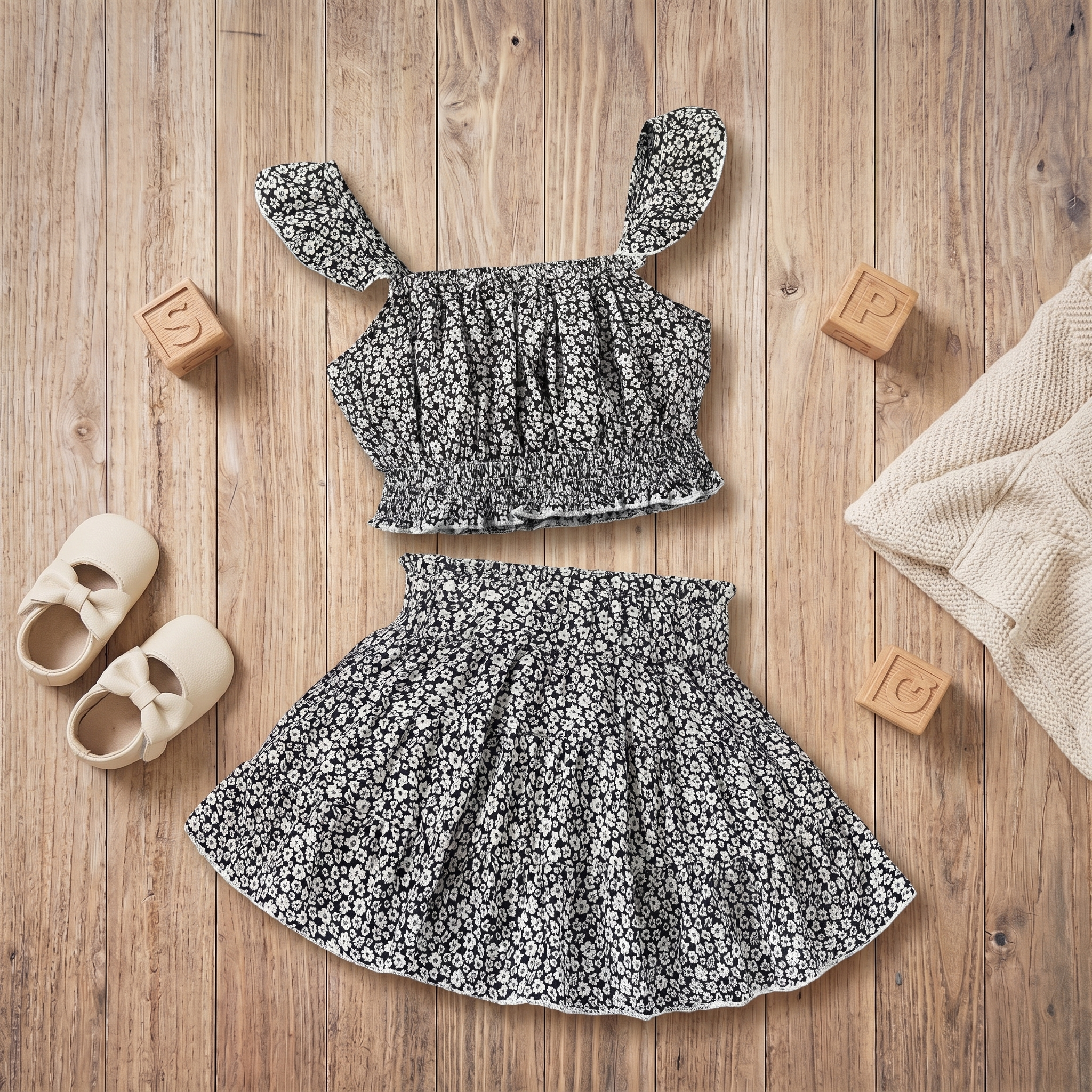 Midnight Blossom Two-Piece Skirt Set