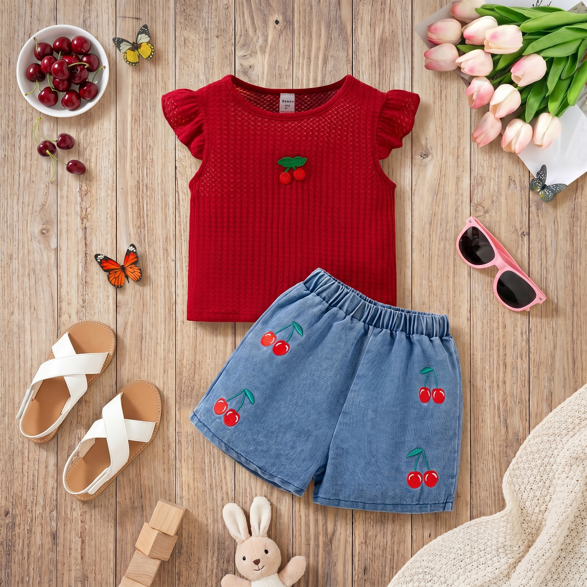 Cherry Bliss Denim Shorts Set