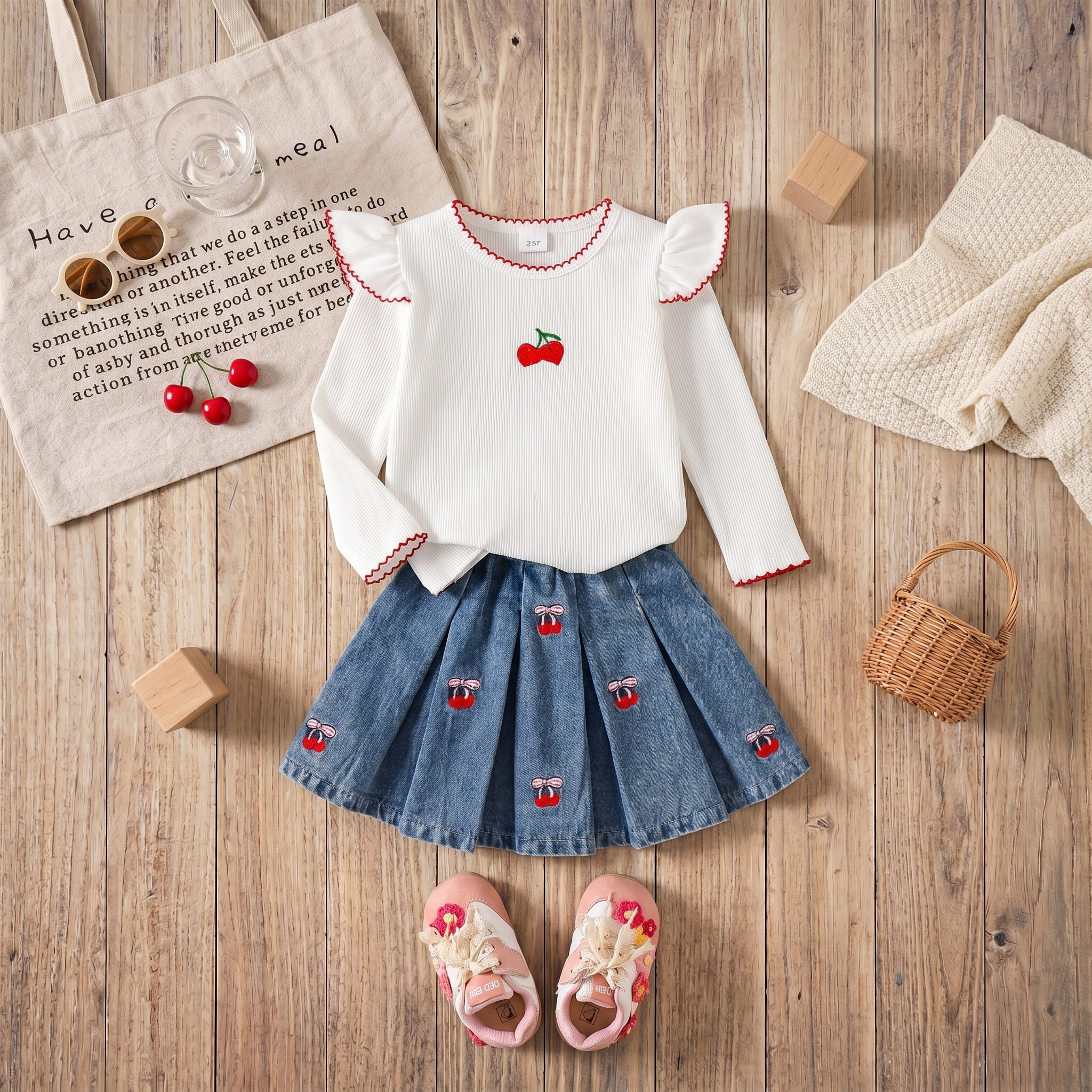 Cherry Charm Denim Skirt Set