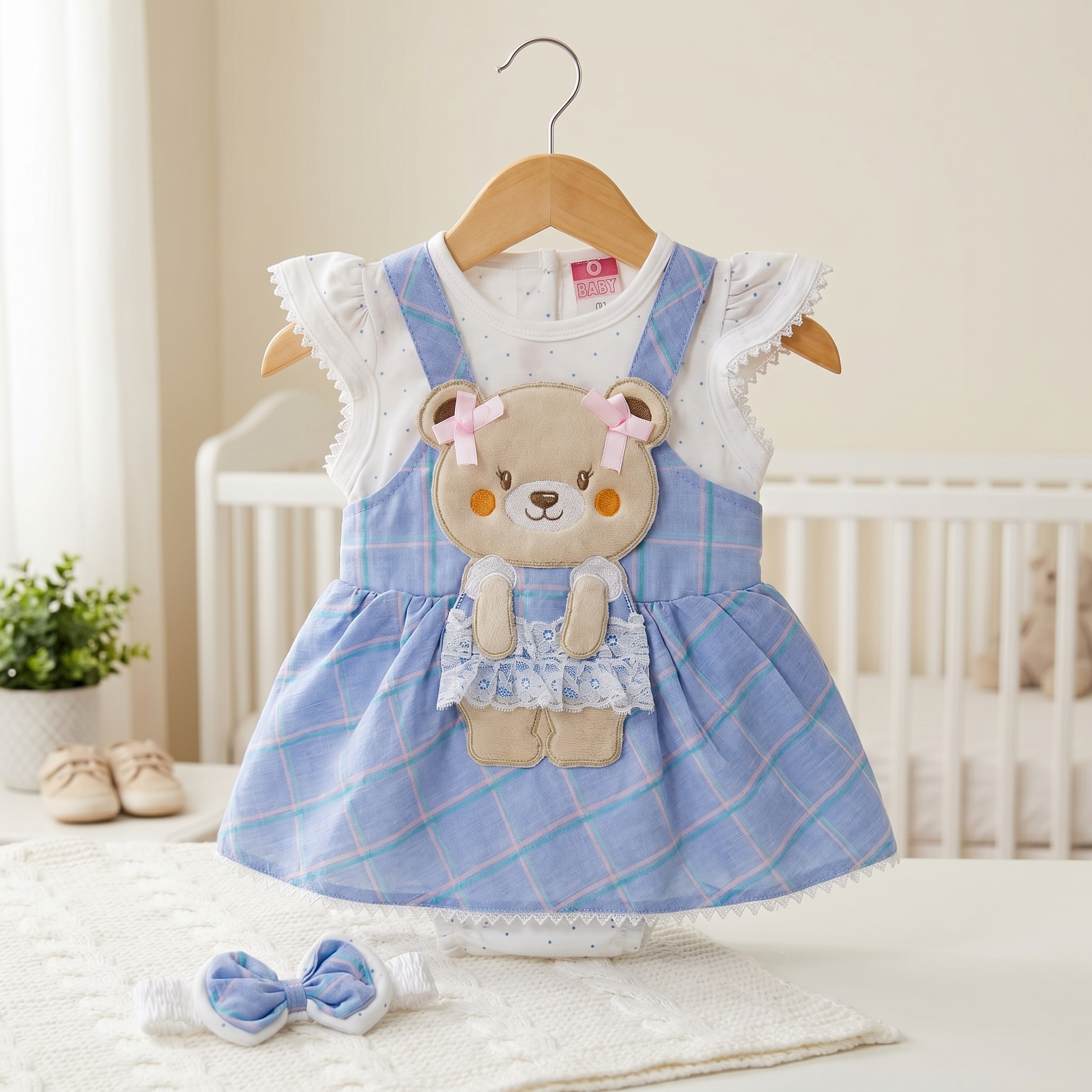 Sweet Teddy Plaid Baby Romper Dress Set