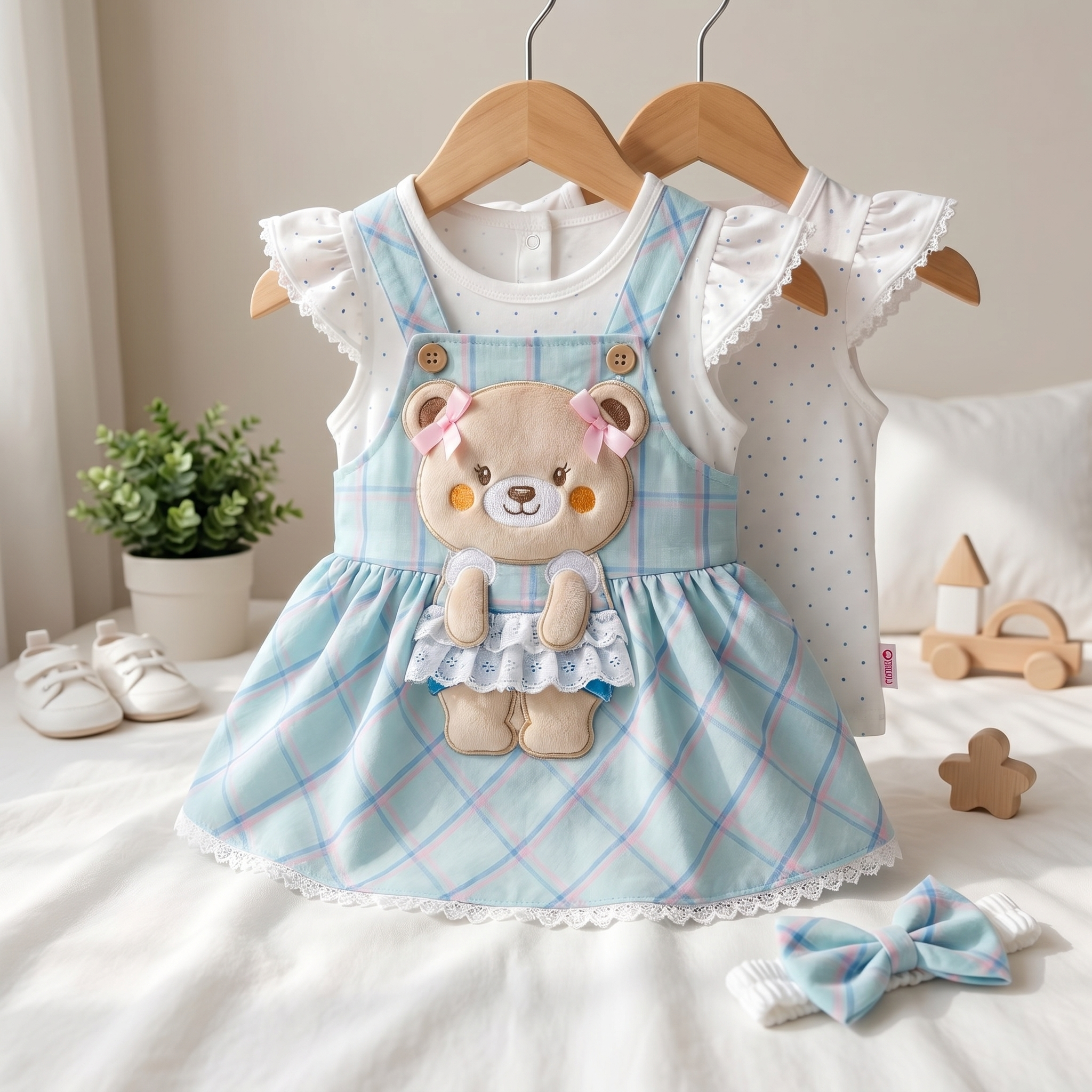 Sweet Teddy Plaid Baby Romper Dress Set